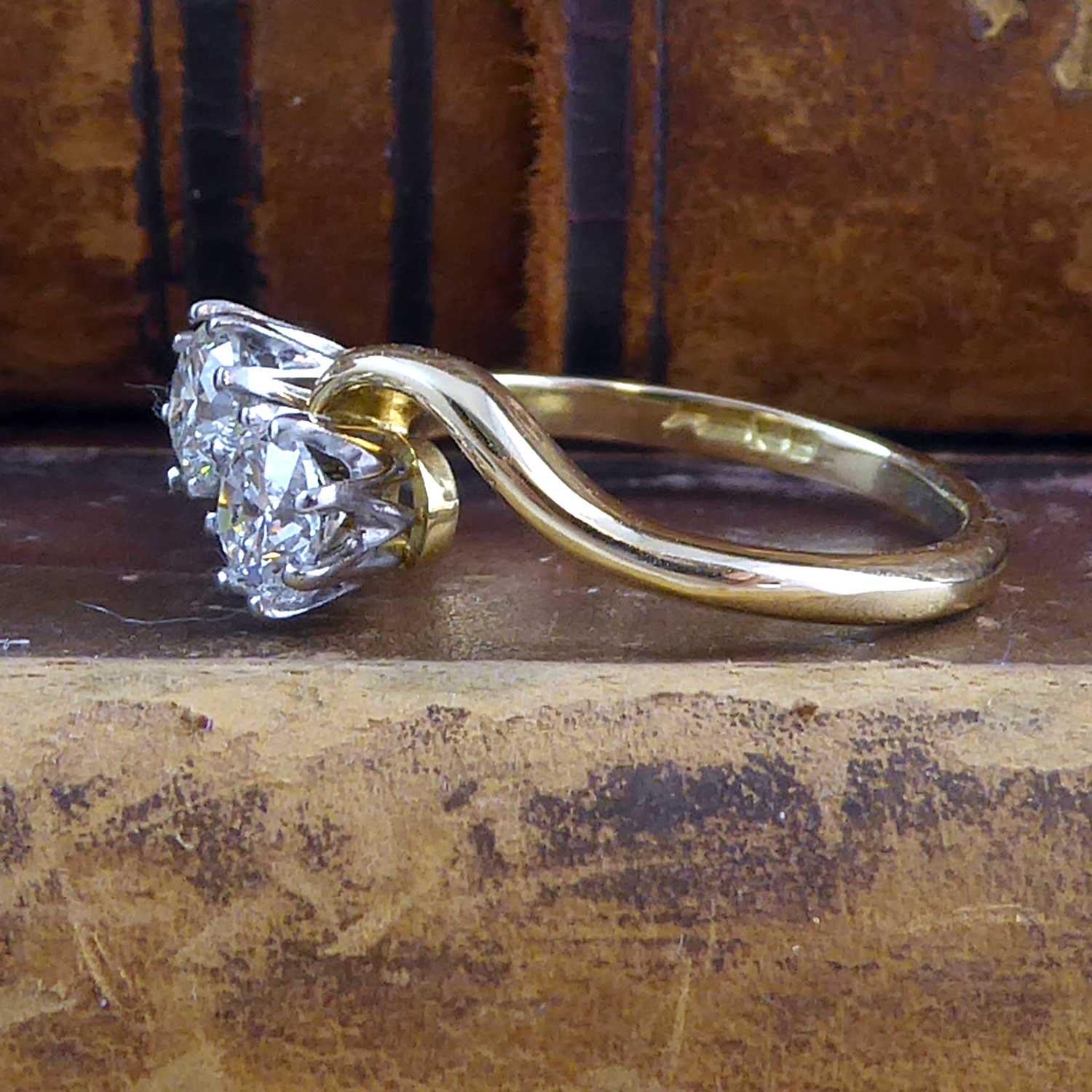 Retro 1950s 0.73 Carat Diamond Ring, Brilliant Cut Diamonds, Two-Stone Twist