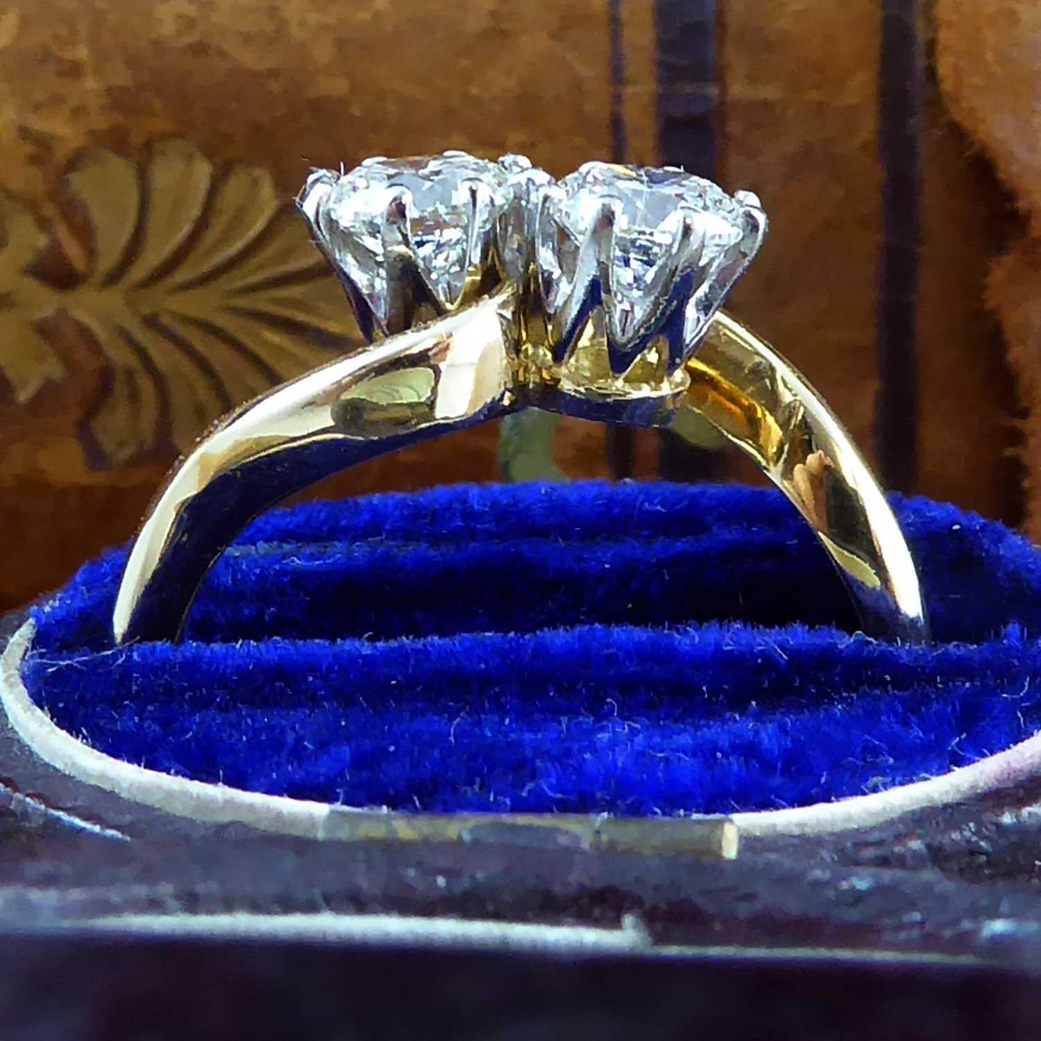 Women's 1950s 0.73 Carat Diamond Ring, Brilliant Cut Diamonds, Two-Stone Twist