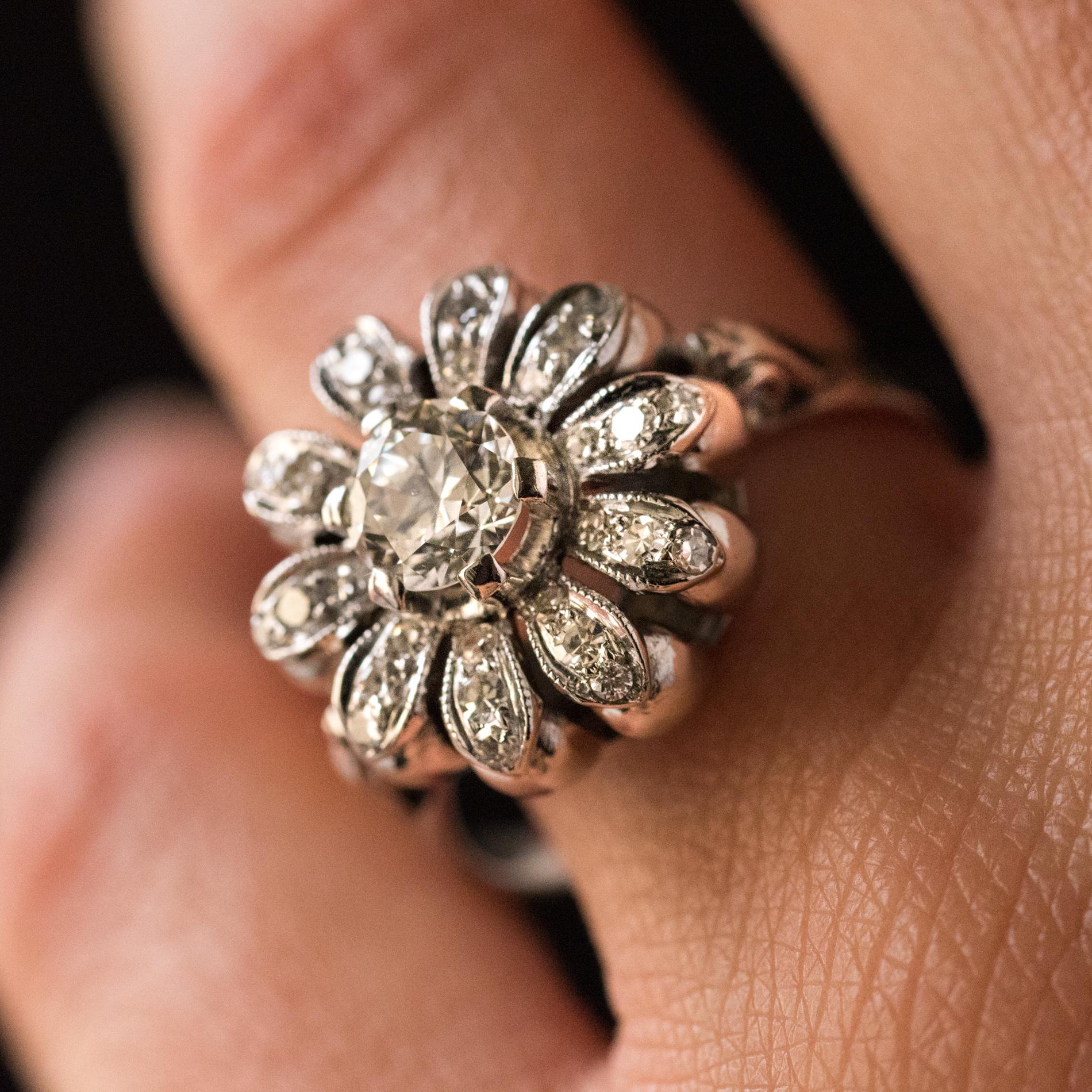 Women's 1950s 0.080 Carat Diamonds 18 Karat White Gold Flower Shape Ring