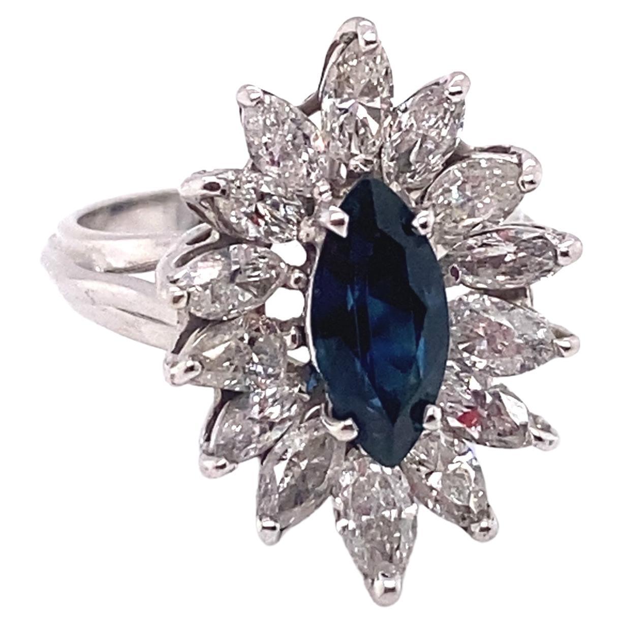 1950s 0.80 Carat Marquise Sapphire and 0.50 Carat Diamond Ring in 18K White Gold
