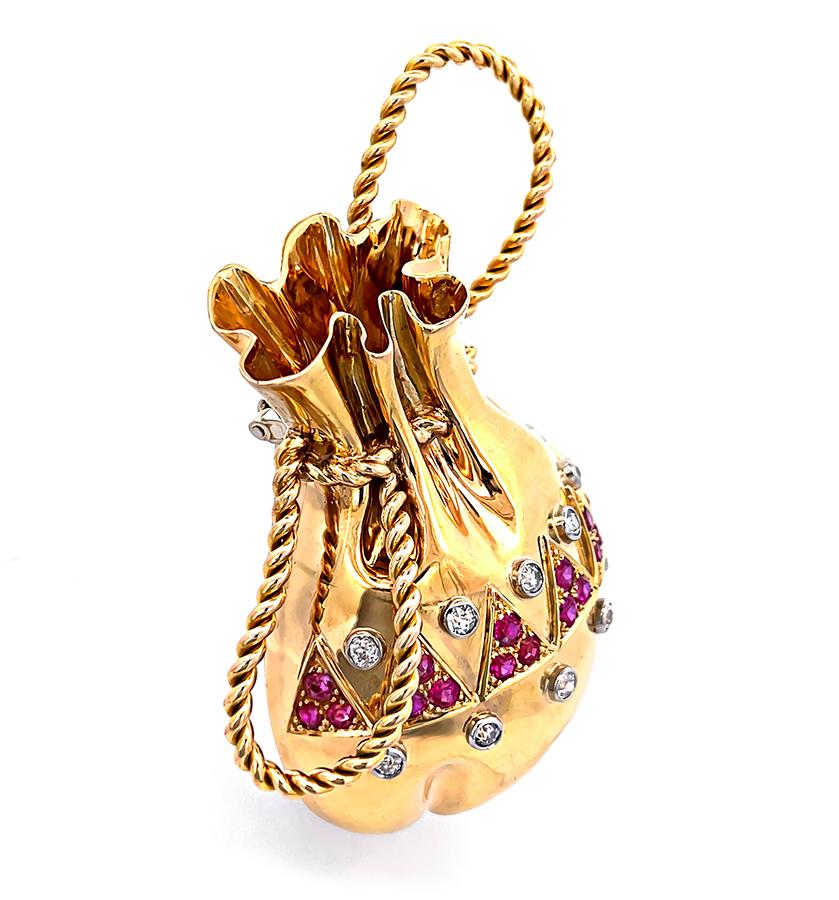 Old Mine Cut 1950s 0.80ct Diamond Ruby Gold Money Bag Pin For Sale