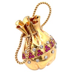 1950s 0.80ct Diamond Ruby Gold Money Bag Pin