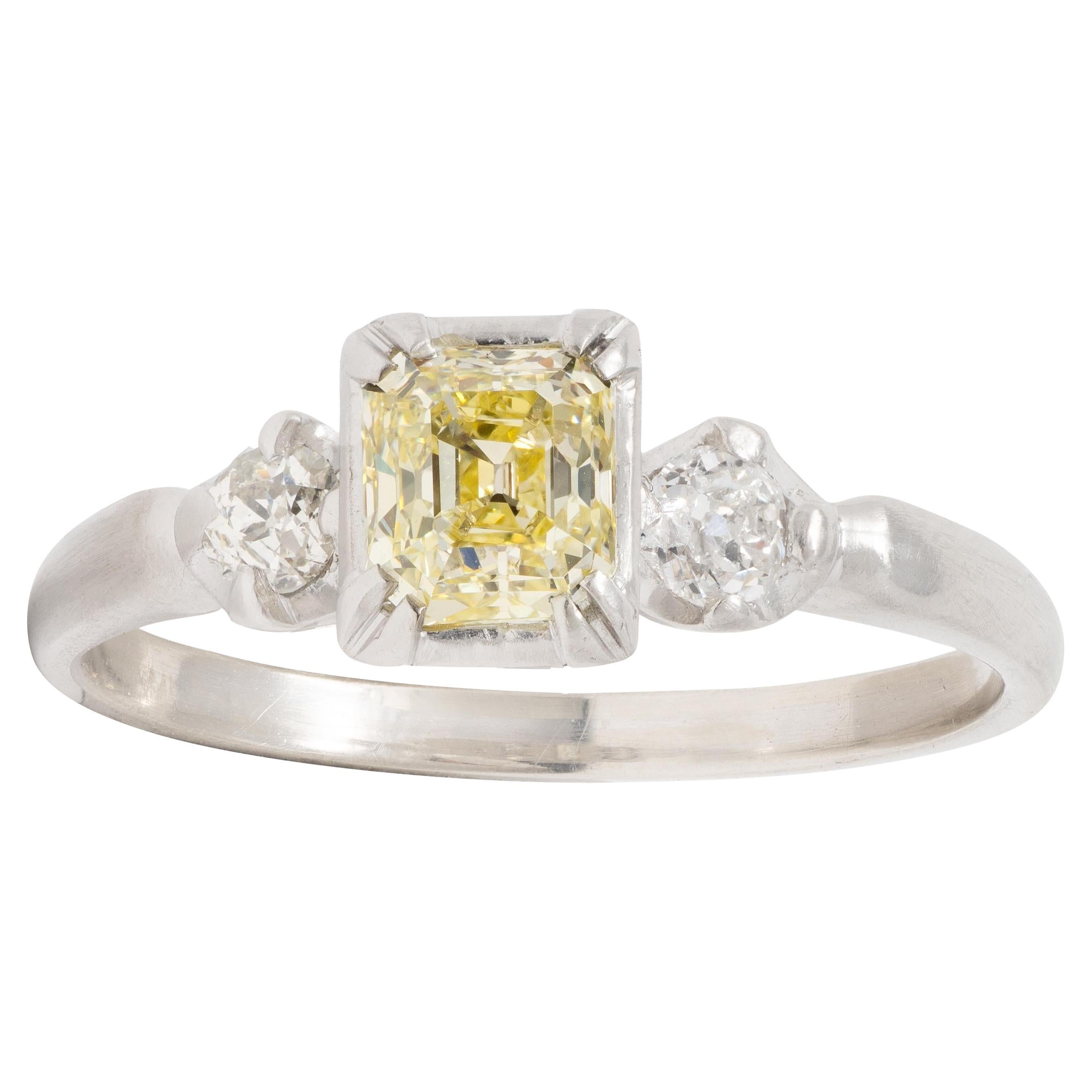 1950's 0.95 CTW Fancy Yellow Asscher Diamond Platinum Vintage Engagement Ring