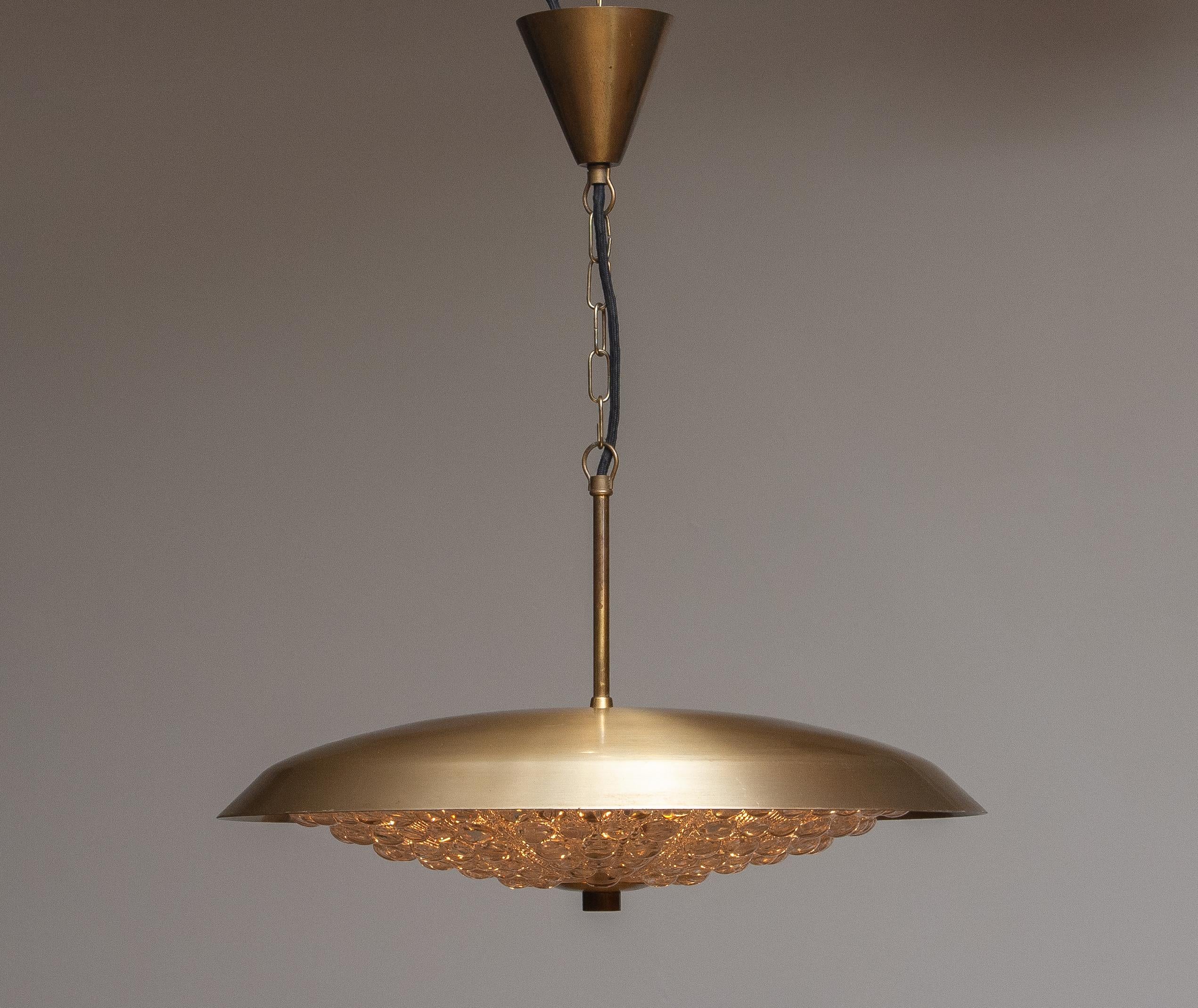 Swedish 1950s, 1 Brass and Glass Ceiling Lamp Designed by Carl Fagerlund for Orrefors