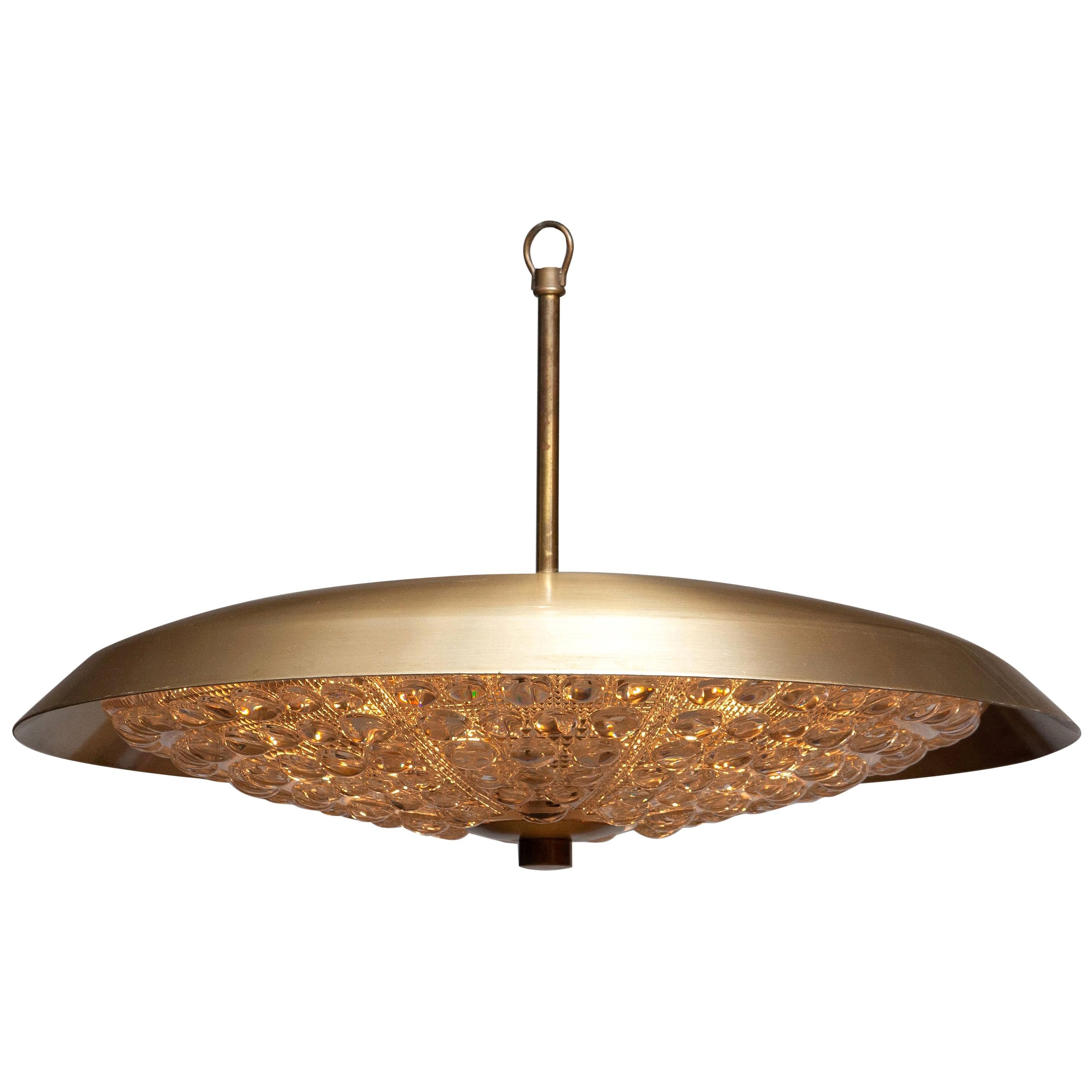 1950s, 1 Brass and Glass Ceiling Lamp Designed by Carl Fagerlund for Orrefors