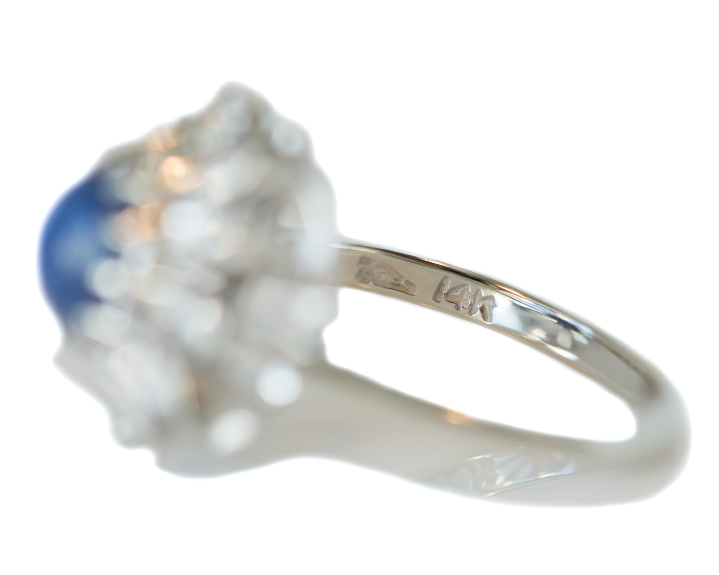 1950s 1 Carat Blue Star Sapphire, Diamond and 14 Karat White Gold Floral Ring For Sale 1