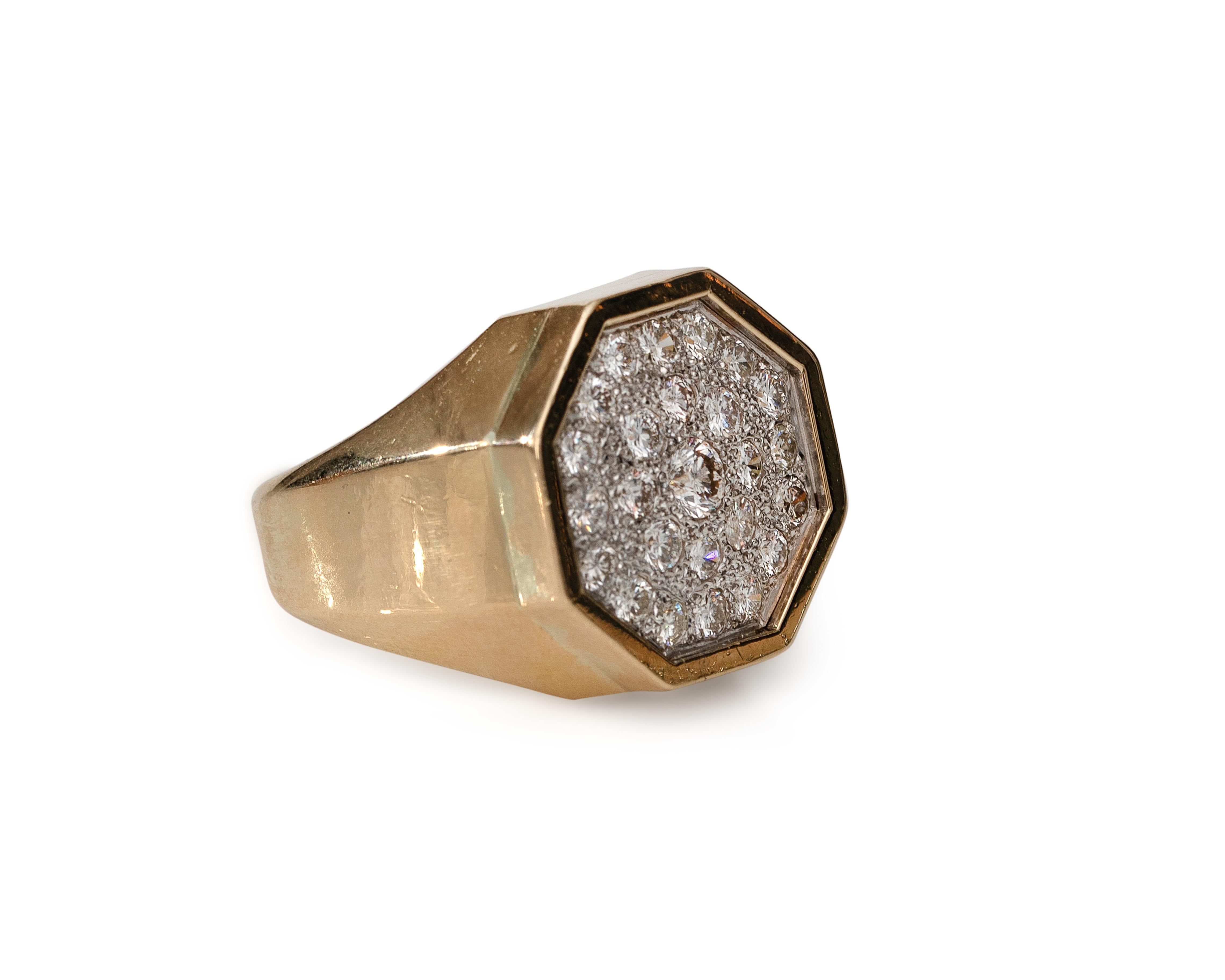 Large Ornate Octagonal Shaped Diamond Cluster Ring crafted in beautiful 18 karat yellow gold. This stunning ring is from the 1950s and features a carat of diamonds. 

Ring Details:
Metal type: 18 karat yellow gold
Ring Size: 7.75
Weight: 18