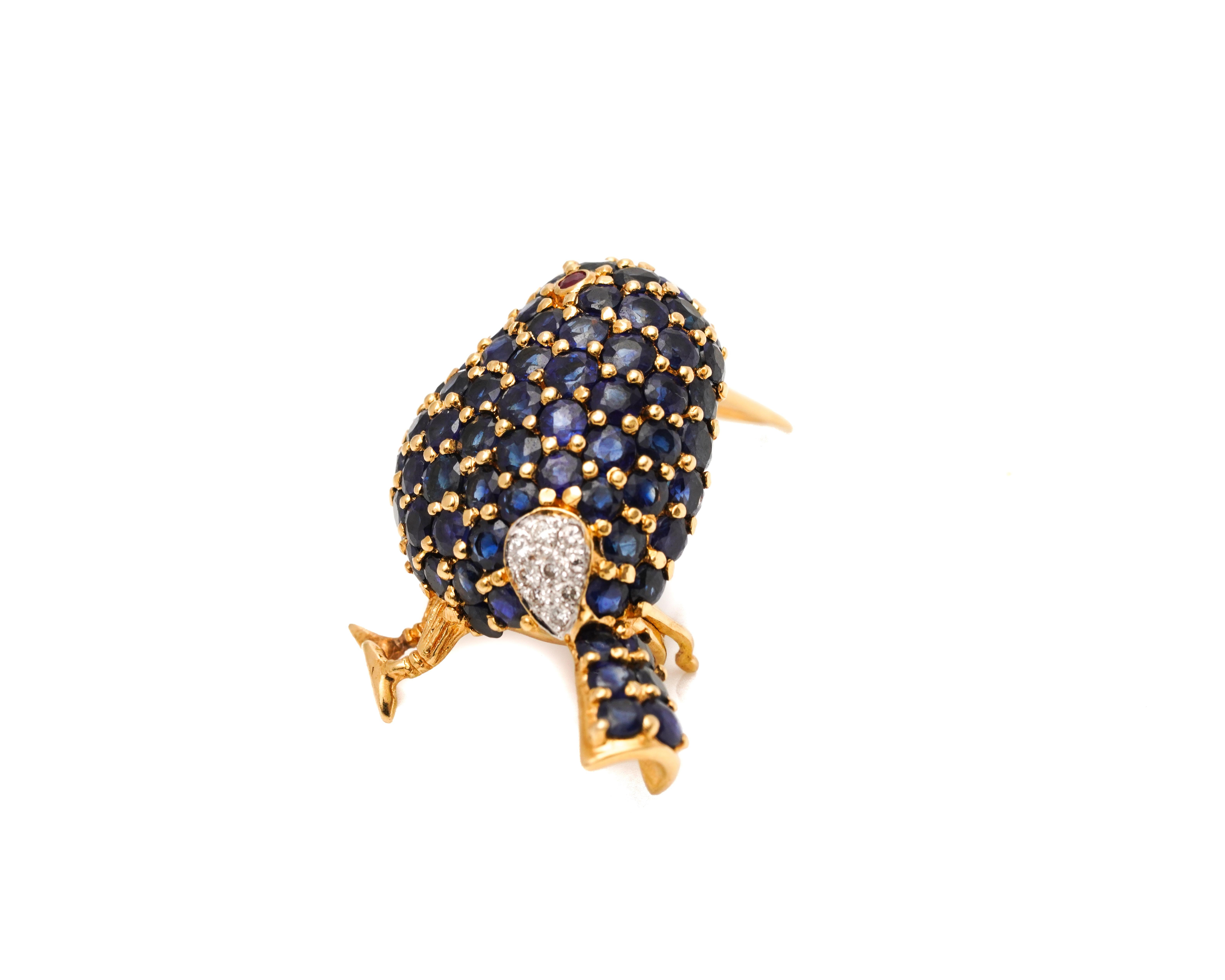 Retro 1950s 1 Carat Sapphire Bird with Ruby and Diamond Accents Pin Brooch
