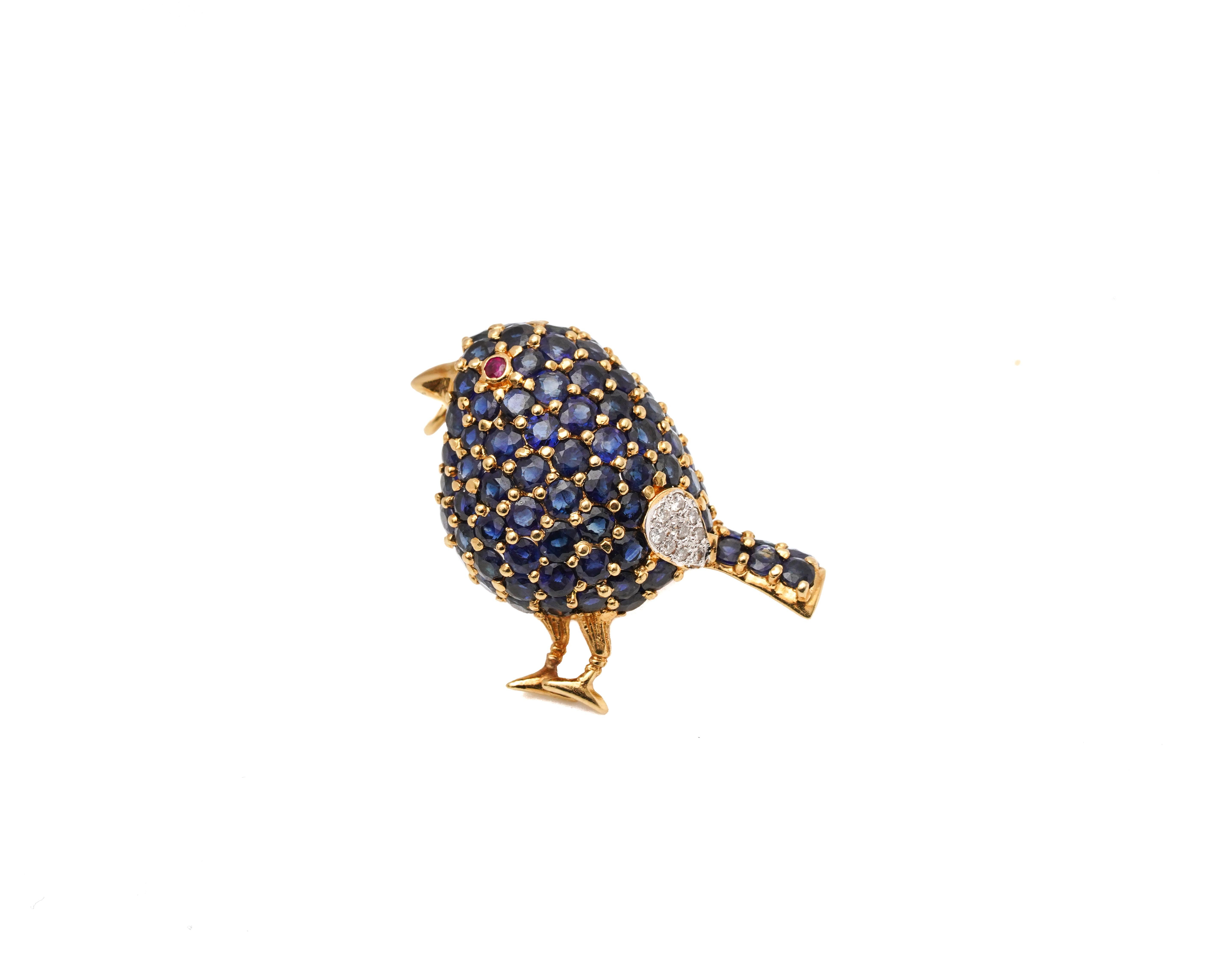 Round Cut 1950s 1 Carat Sapphire Bird with Ruby and Diamond Accents Pin Brooch