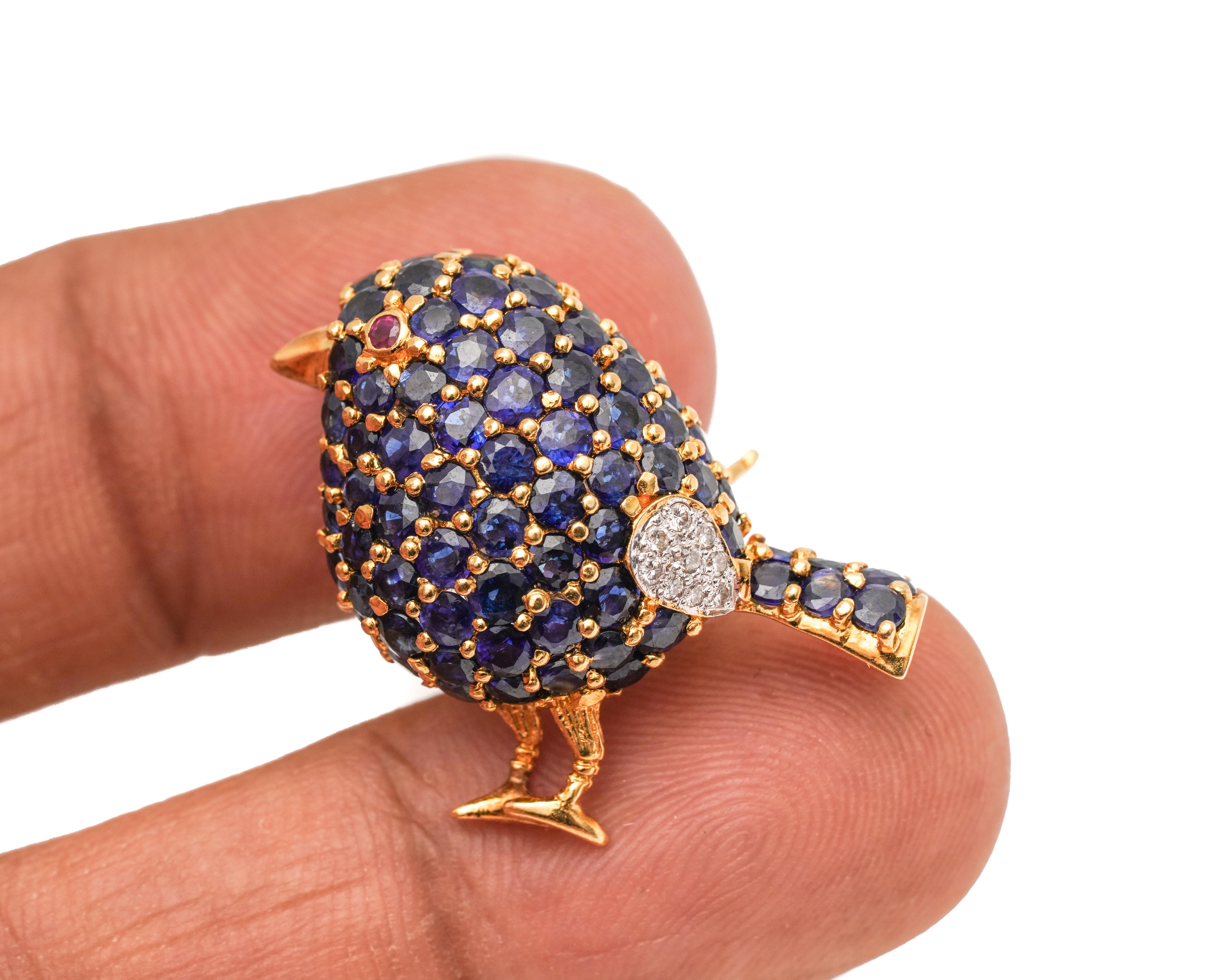 Women's or Men's 1950s 1 Carat Sapphire Bird with Ruby and Diamond Accents Pin Brooch