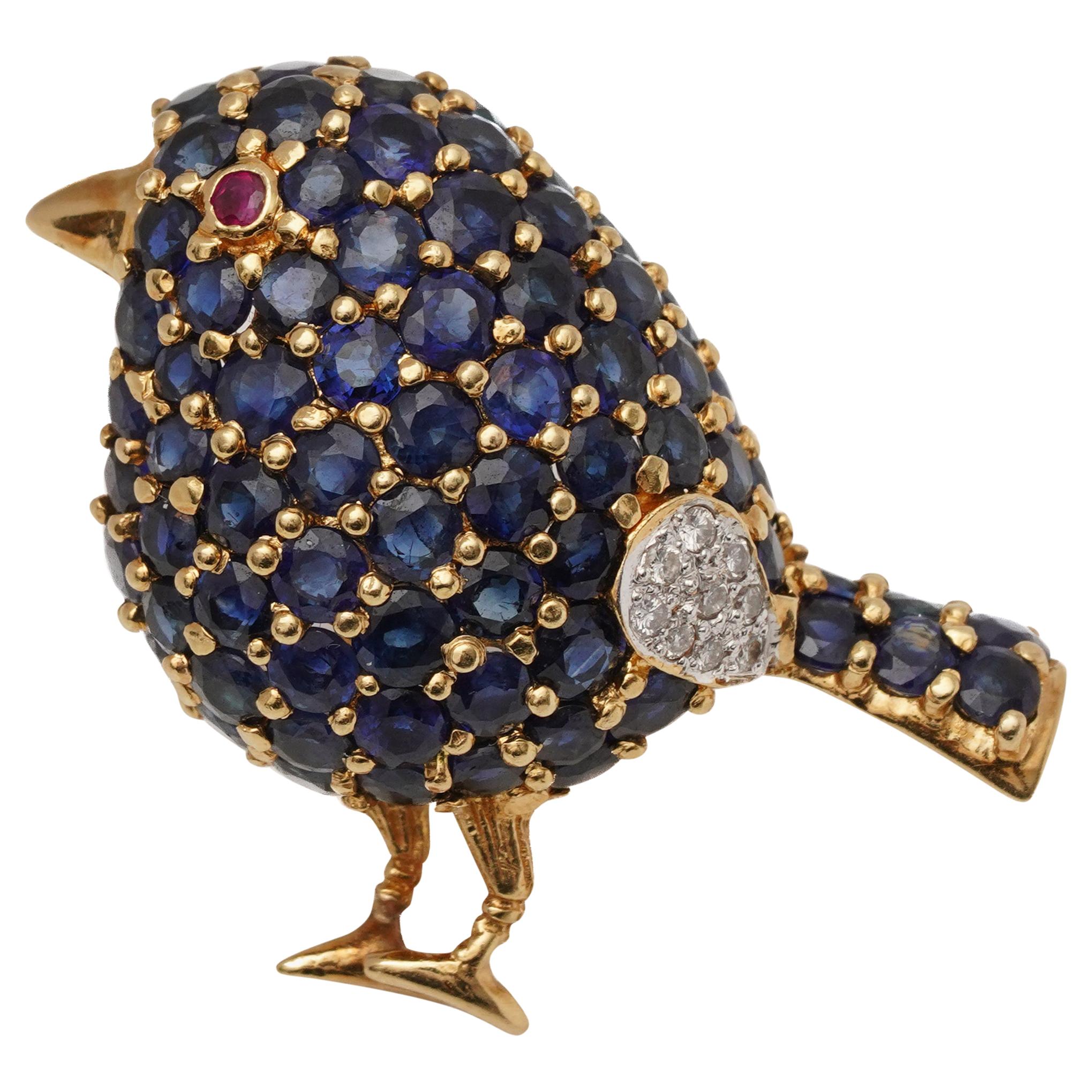 1950s 1 Carat Sapphire Bird with Ruby and Diamond Accents Pin Brooch