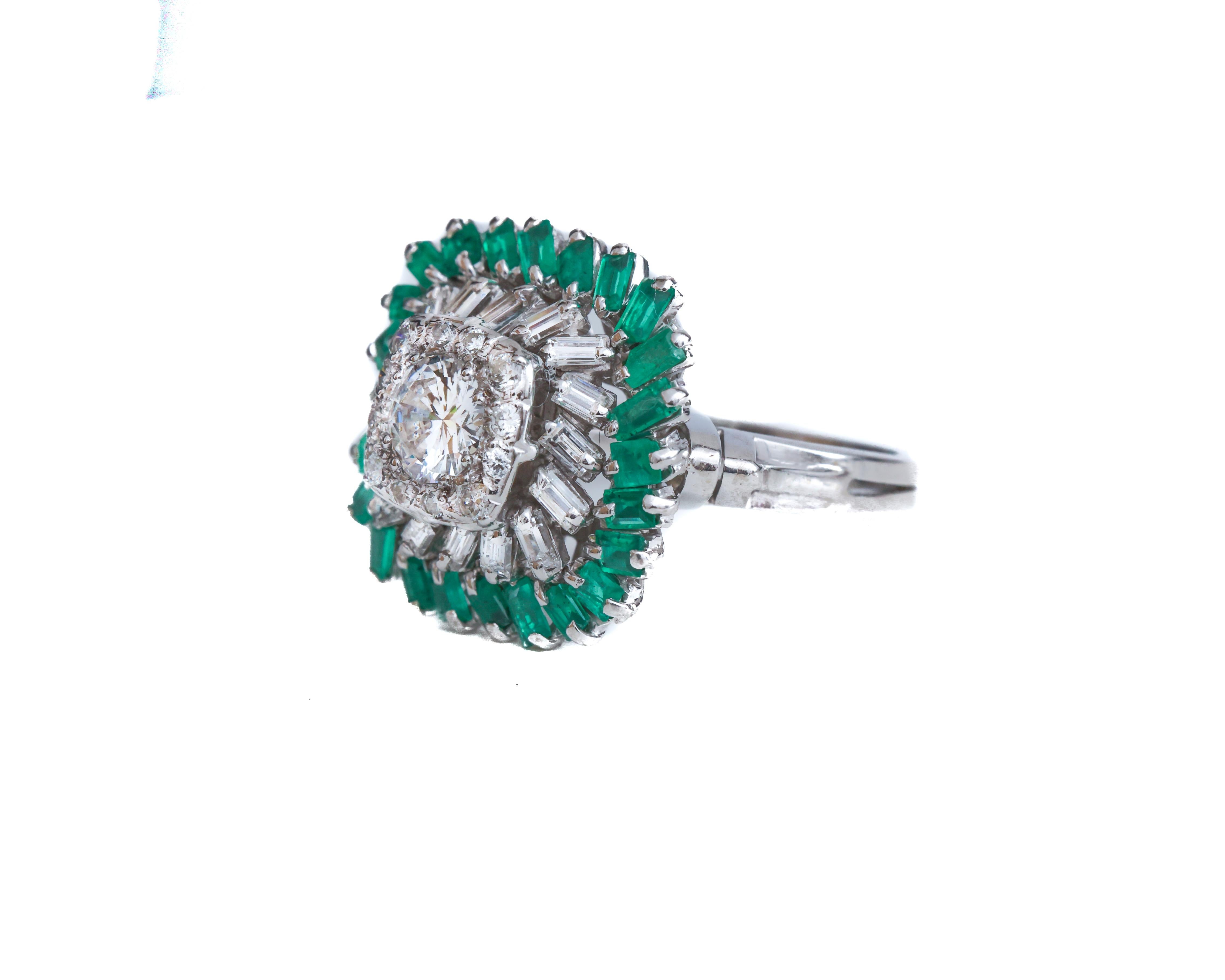 1950s 1 Carat Total Diamond and Emerald Platinum Cocktail Ring In Excellent Condition For Sale In Hicksville, NY