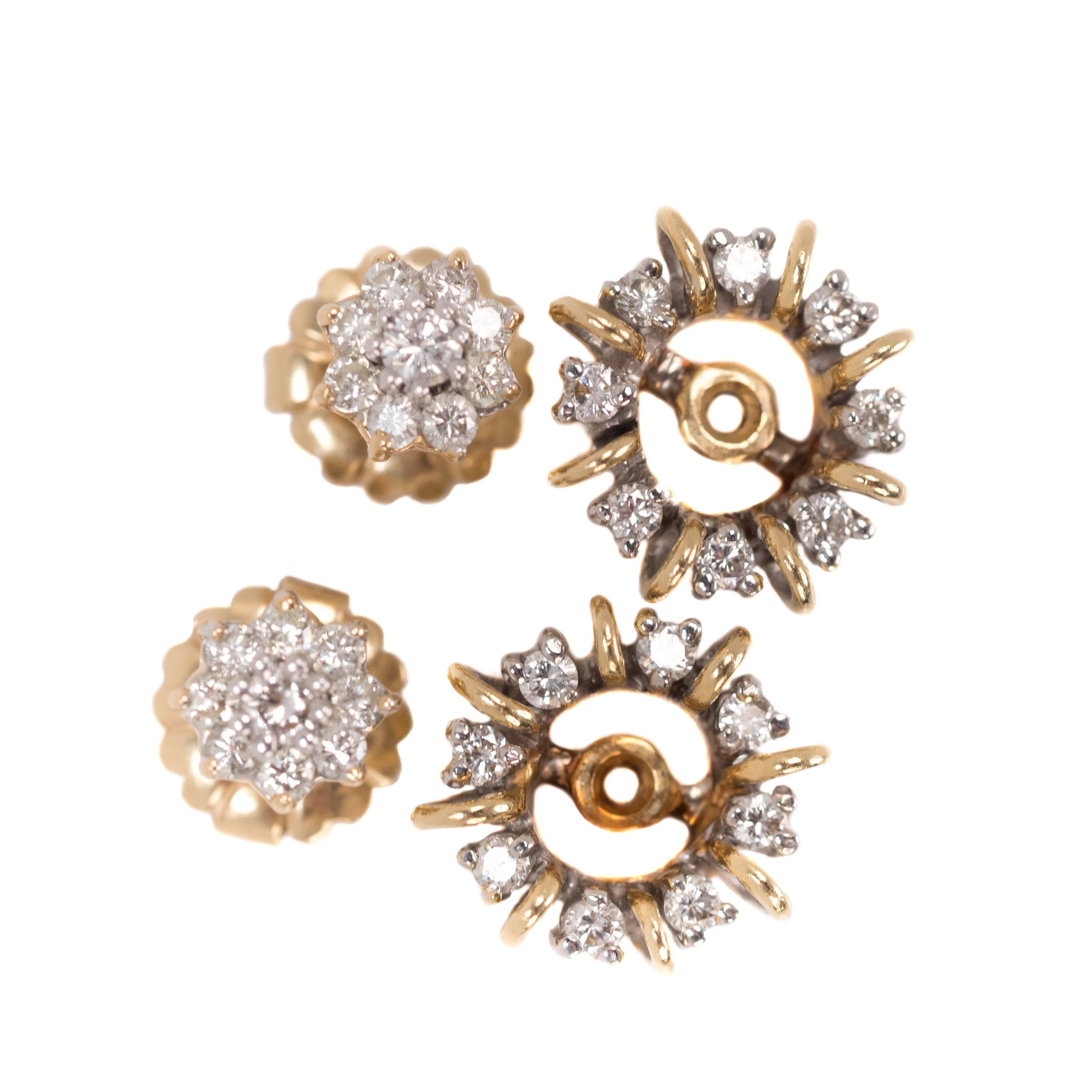 1950s Retro Diamond Earrings with Jacket - 14k White Gold, Yellow Gold, Diamonds

Feature Diamond cluster earrings with Diamond halo jackets. Each floral motif earring has a center diamond surrounded by a halo of 8 diamonds. The center diamond is