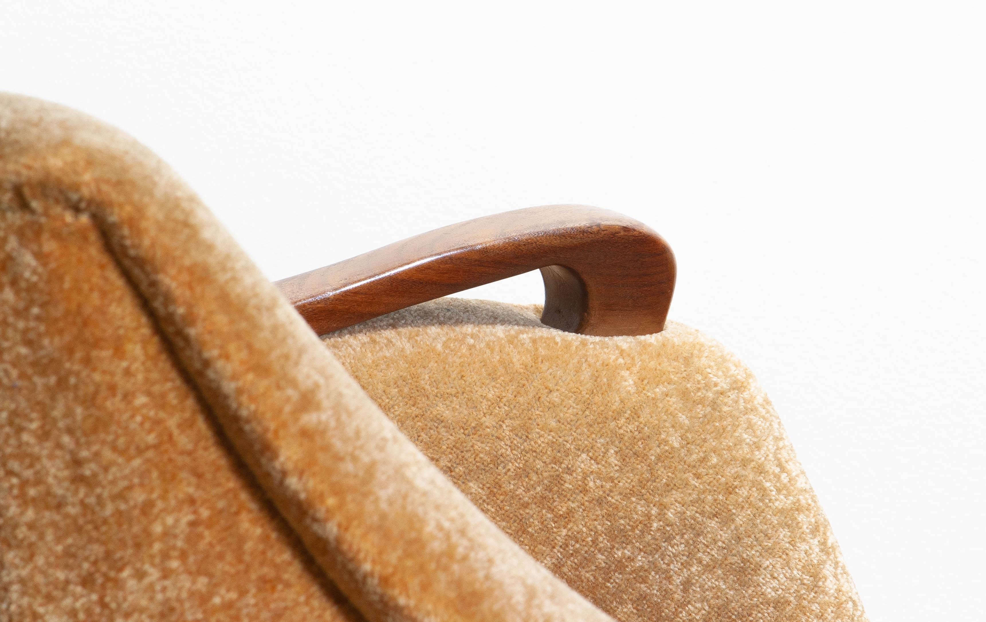 1950s, 1 Scandinavian Lounge Club Chair in Camel Chenille and Teak, Denmark 5