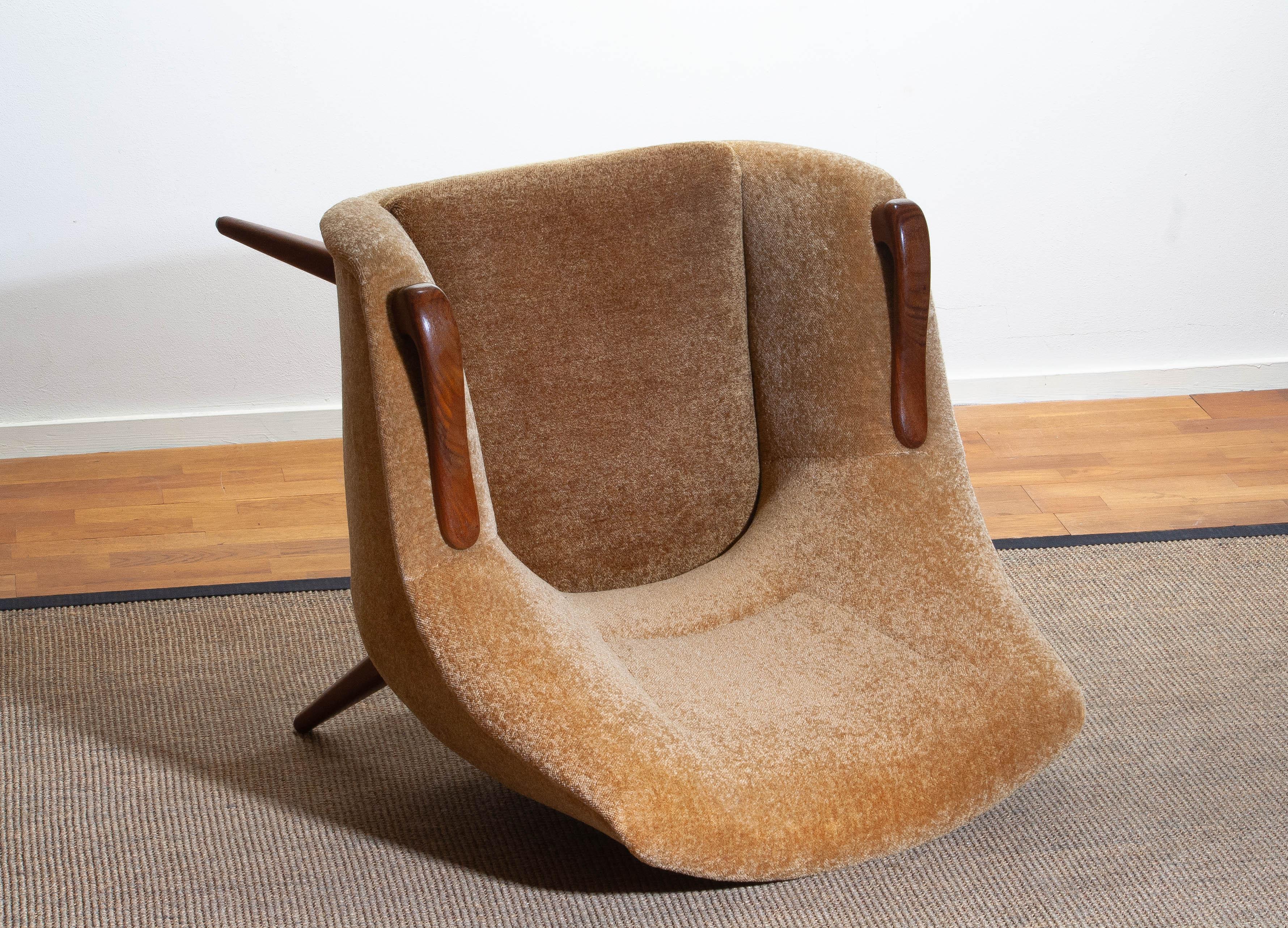 1950s, 1 Scandinavian Lounge Club Chair in Camel Chenille and Teak, Denmark 7