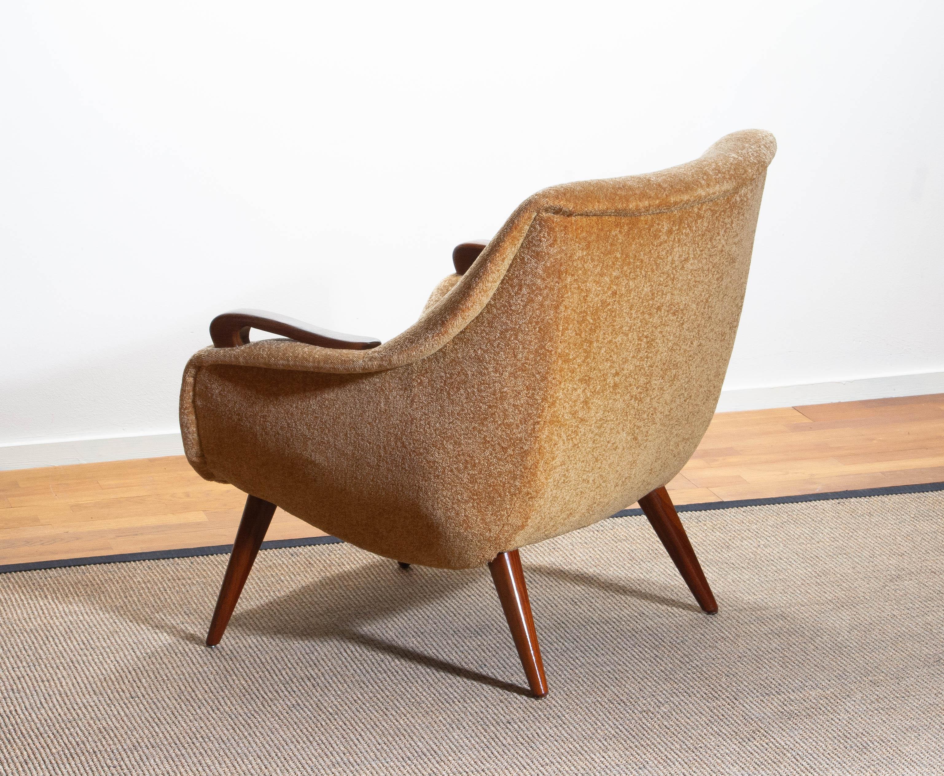 1950s, 1 Scandinavian Lounge Club Chair in Camel Chenille and Teak, Denmark 1