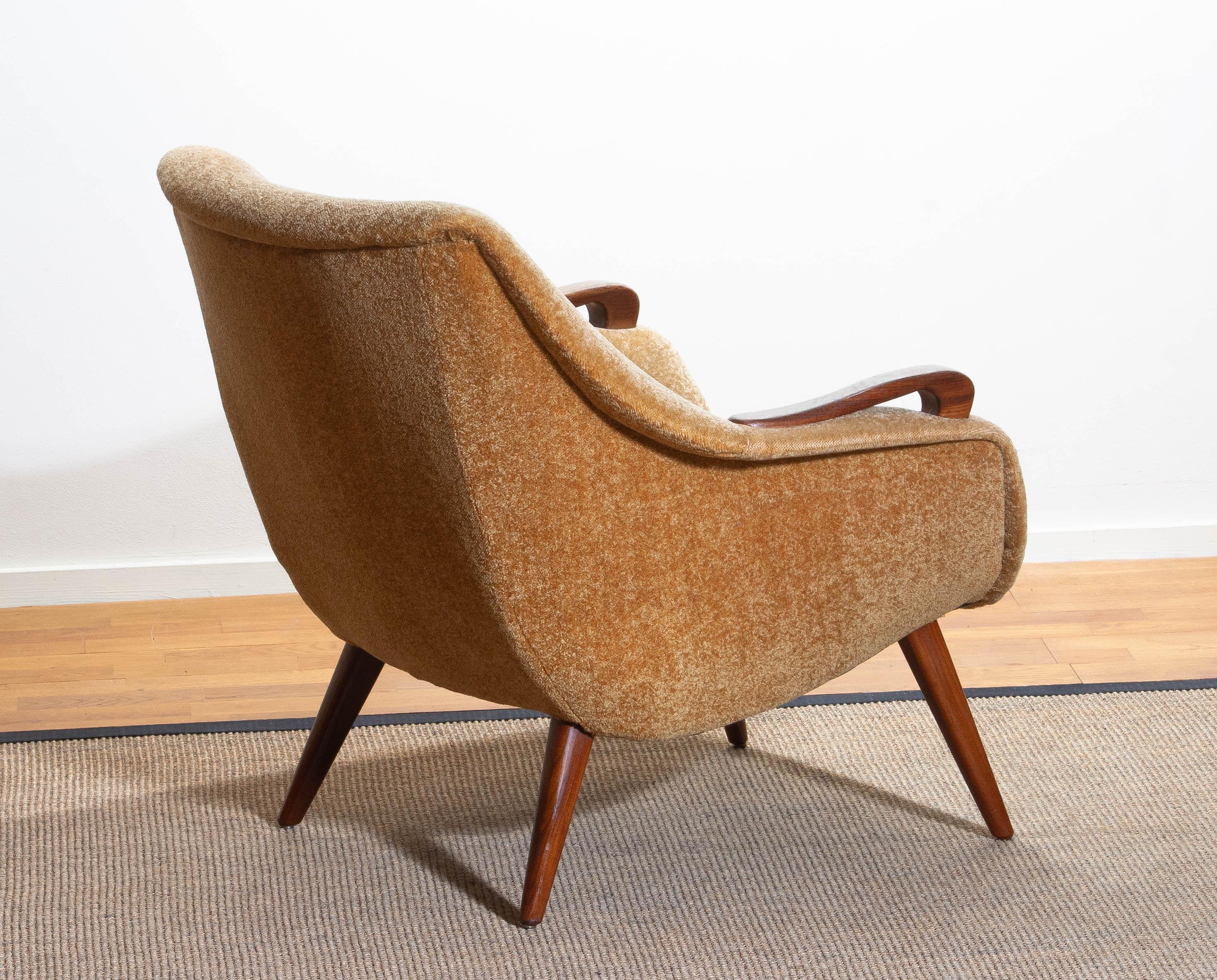1950s, 1 Scandinavian Lounge Club Chair in Camel Chenille and Teak, Denmark 3