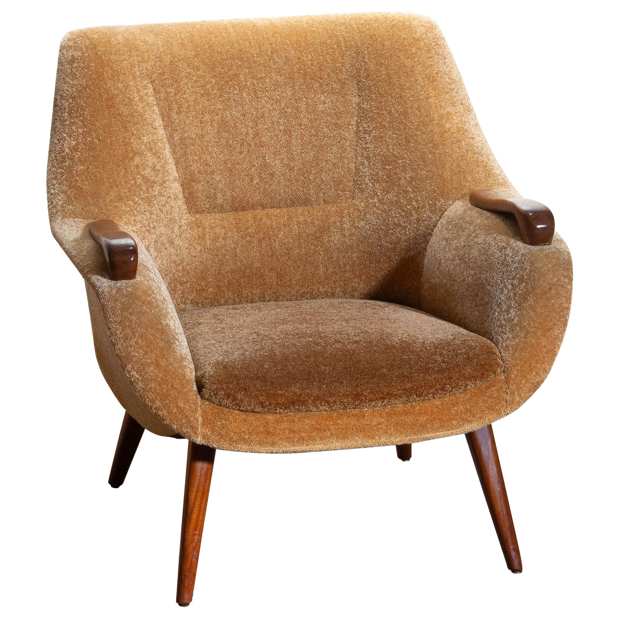 1950s, 1 Scandinavian Lounge Club Chair in Camel Chenille and Teak, Denmark