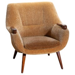 1950s, 1 Scandinavian Lounge Club Chair in Camel Chenille and Teak, Denmark