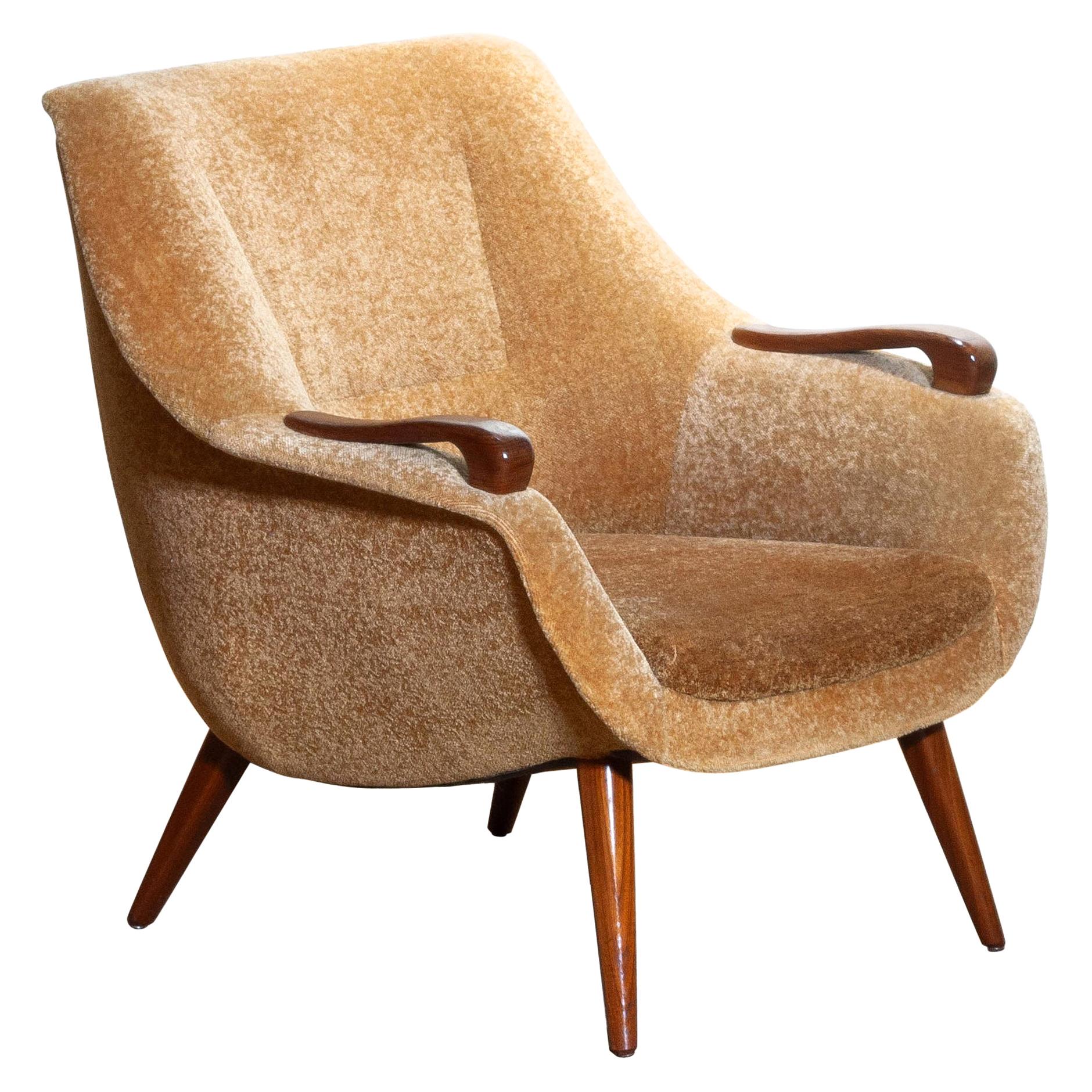 1950s, 1 Scandinavian Lounge Club Chair in Camel Chenille and Teak, Denmark