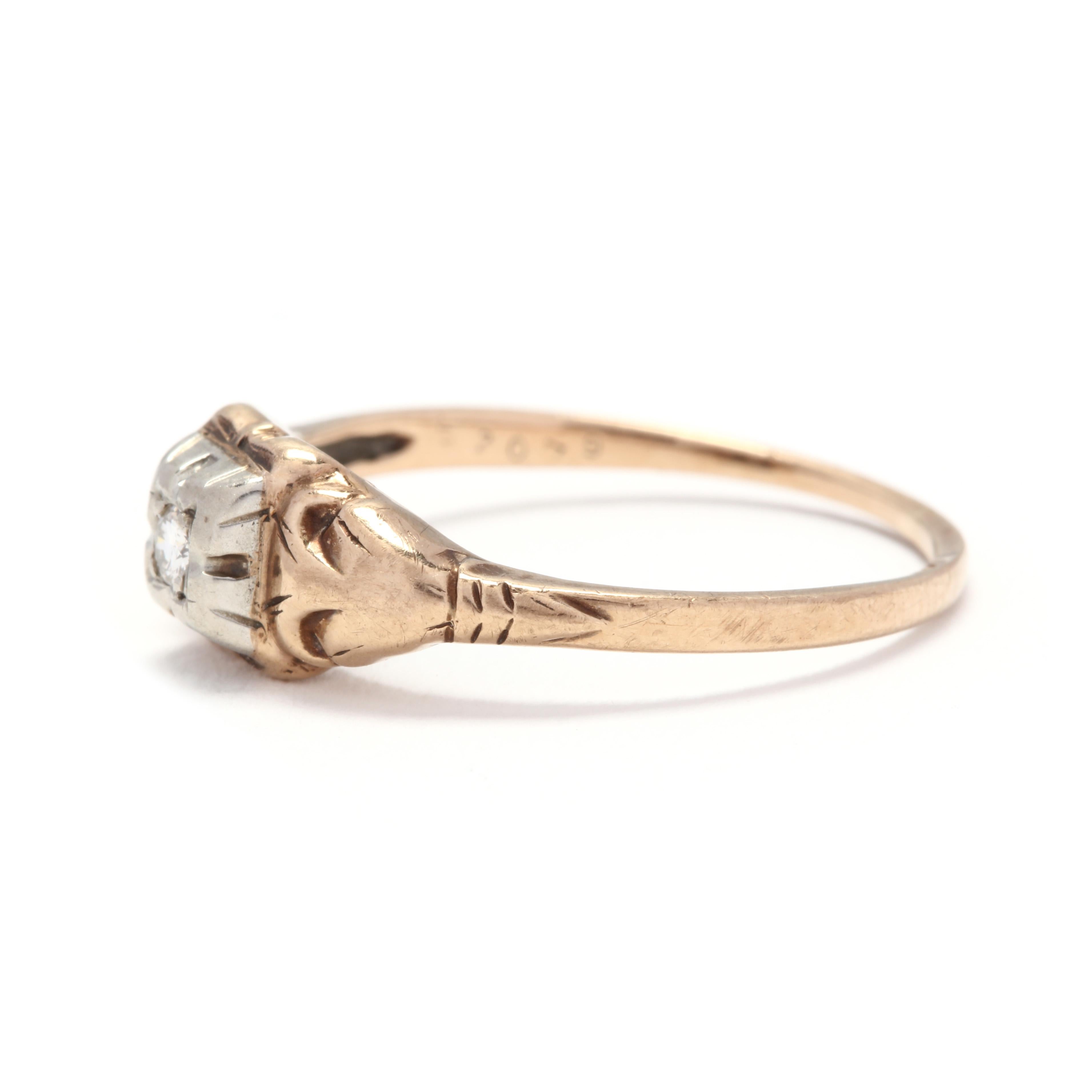 Round Cut 1950s 10 Karat Yellow and White Gold Diamond Engagement Ring