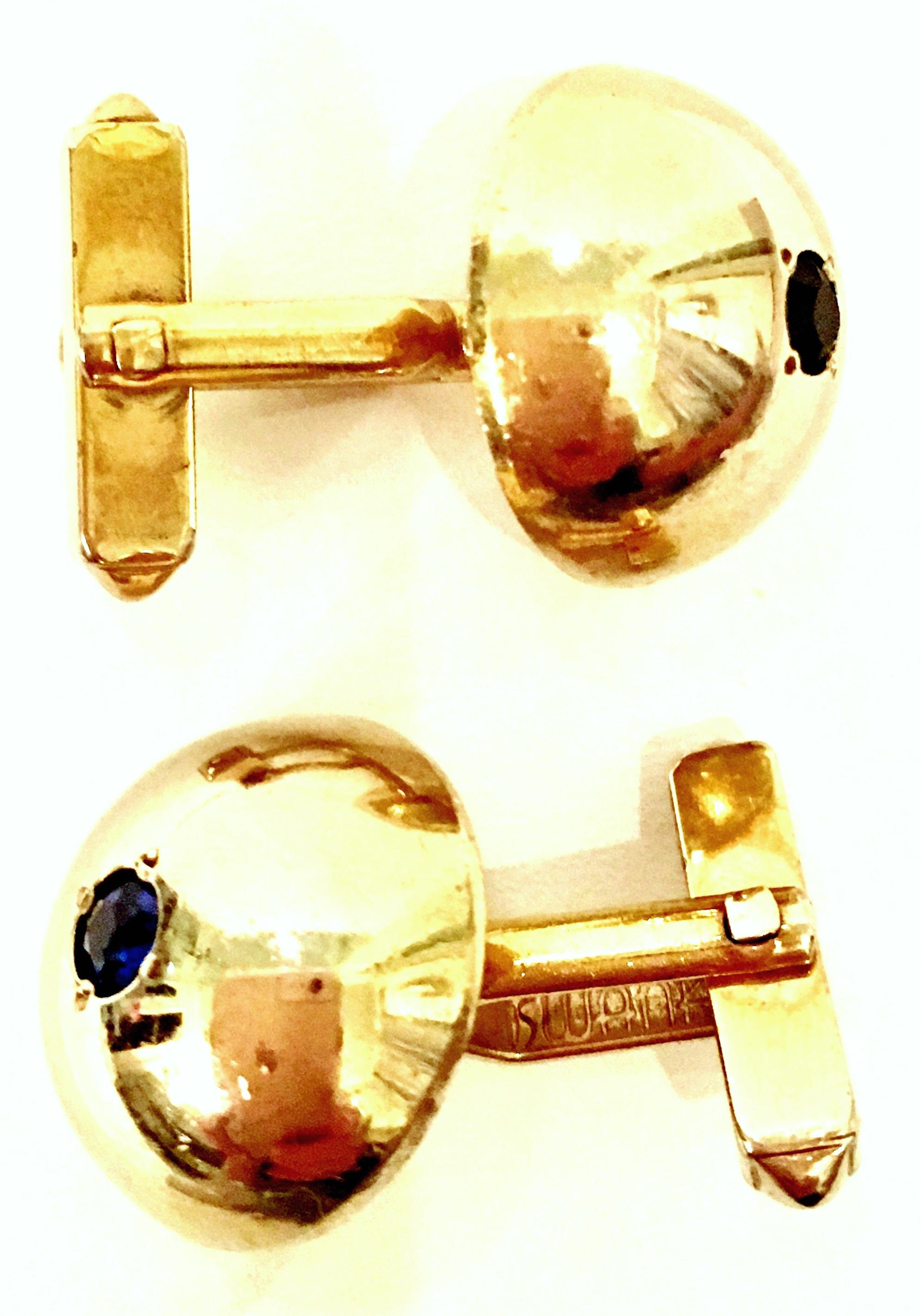 Mid-Century Pair Of Large 12-Karat Gold Filled Dome & Sapphire Blue Glass Cufflink’s  By, Swank. Each cuff link is signed on the underside, Swank, 1/20- 12K G.F.