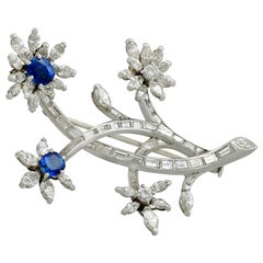 1950s 1.26 Carat Sapphire and 5.05 Carat Diamond, Platinum Flower Brooch 1950s 1.26 Carat Sapphire and 5.05 Carat Diamond, Platinum Flower Brooch