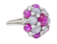 1950s 13.07 Carat Star Sapphire Ruby Diamond Platinum Floral Cluster Ring
