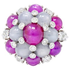 1950s 13.07 Carat Star Sapphire Ruby Diamond Platinum Floral Cluster Ring