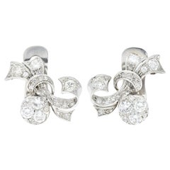 1950s 1.35 Carats Diamond Platinum Ribbon Vintage Earrings
