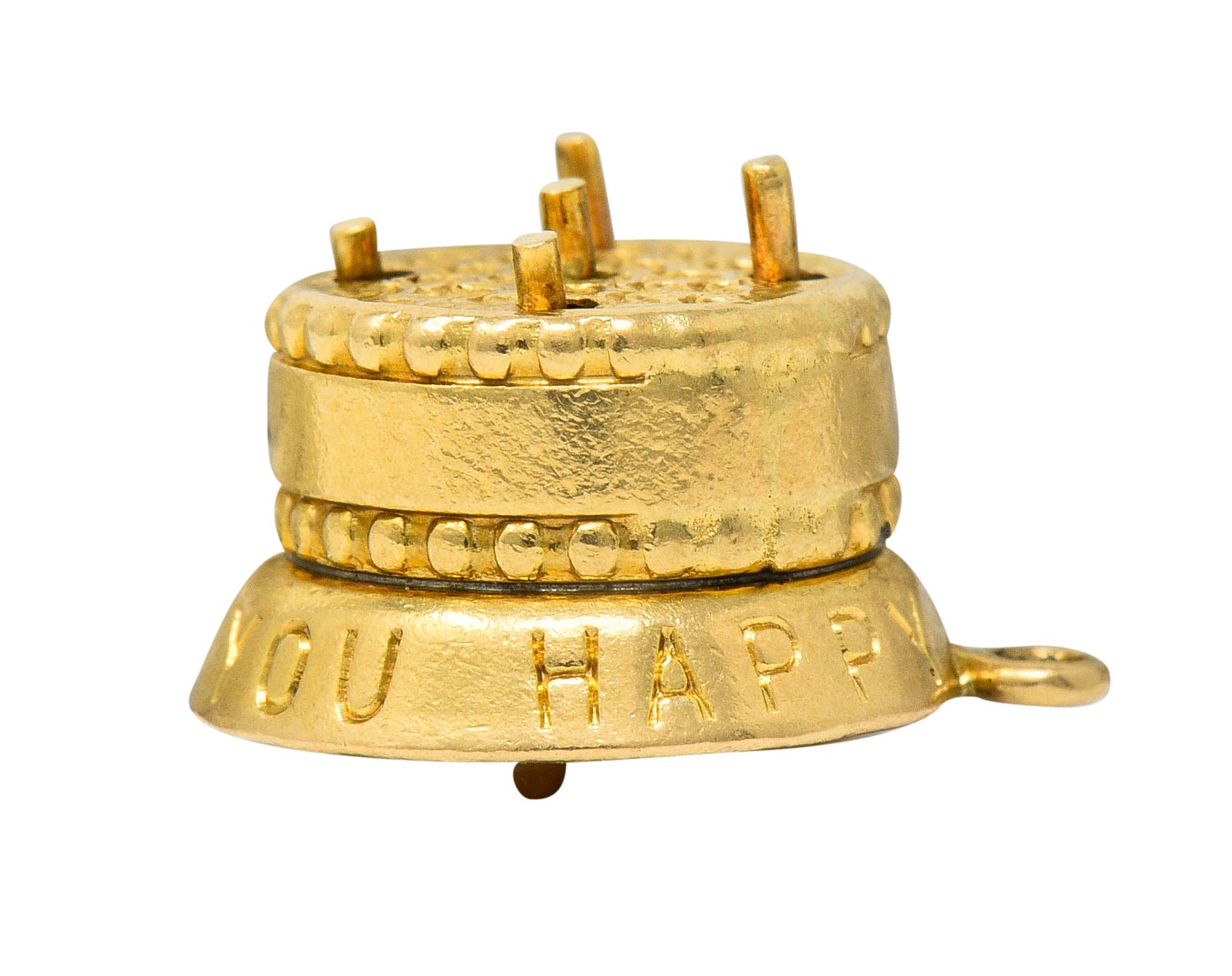 1950s 14 Karat Gold Articulated Candle Birthday Cake Charm In Excellent Condition In Philadelphia, PA