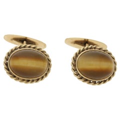 Vintage Tiger's Eye Cufflinks in 14 Karat Gold Circa 1950's 