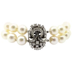 1950s 14 Karat White Gold Pearl and Diamond Bracelet