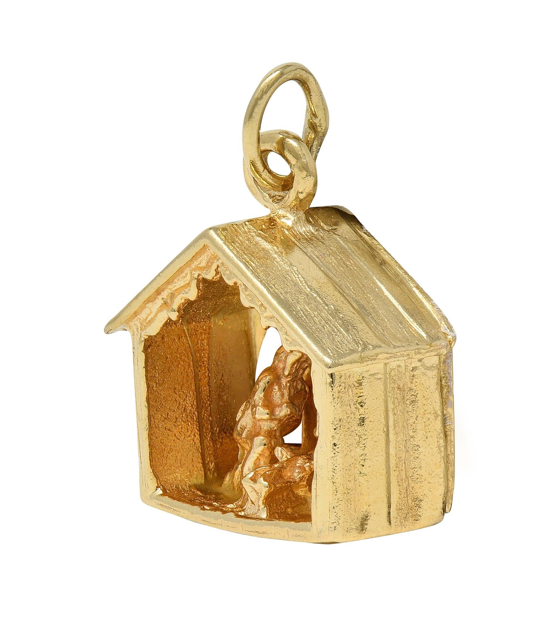Designed as a highly rendered Nativity scene with dimensional manger
Comprised of grooved wood pattern exterior with pierced windows
Inside manger is baby Jesus in hay cradle flanked by Mary & Joseph
Accented by grooved details
Completed by jump