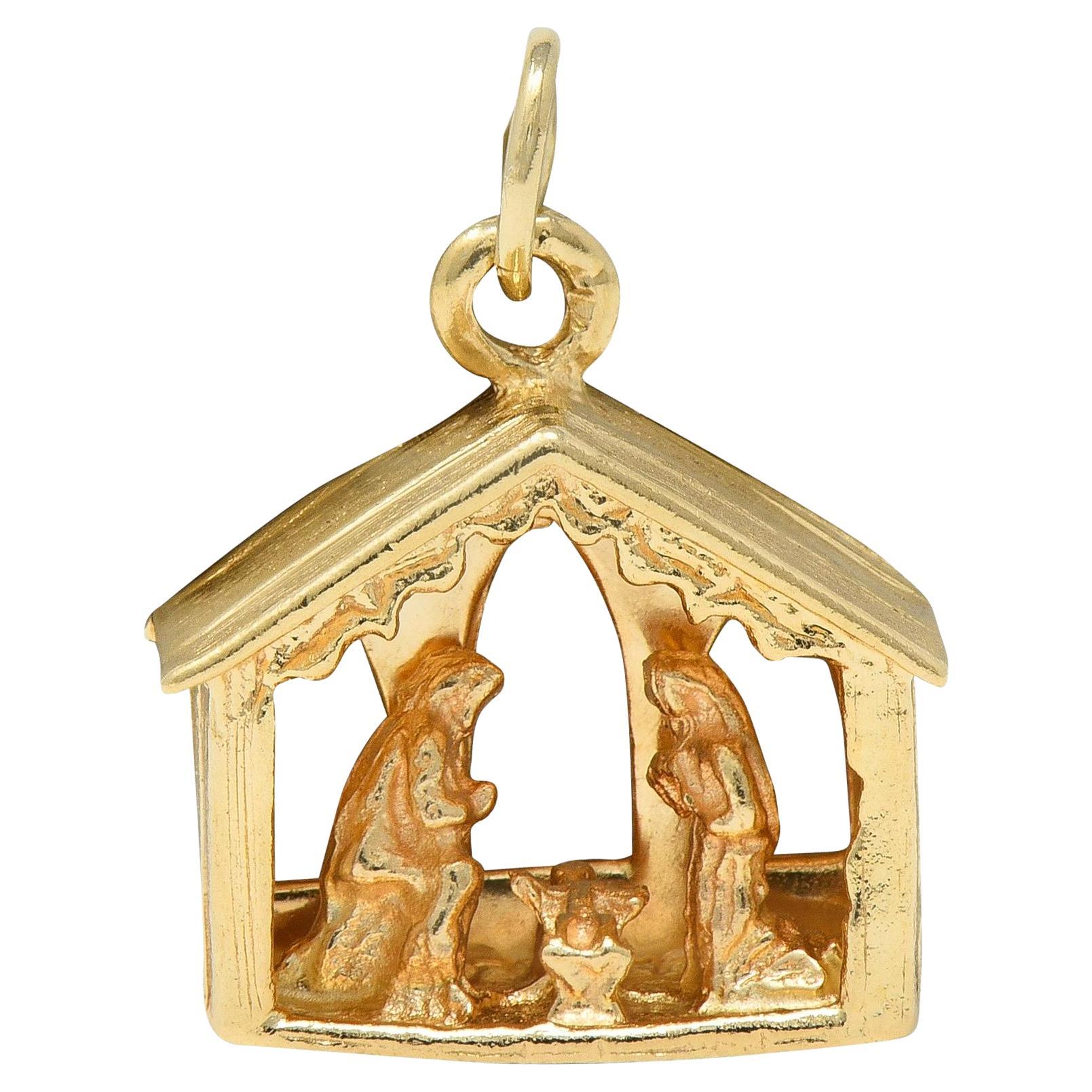 1950's 14 Karat Yellow Gold Vintage Nativity Scene Pendant Charm For Sale