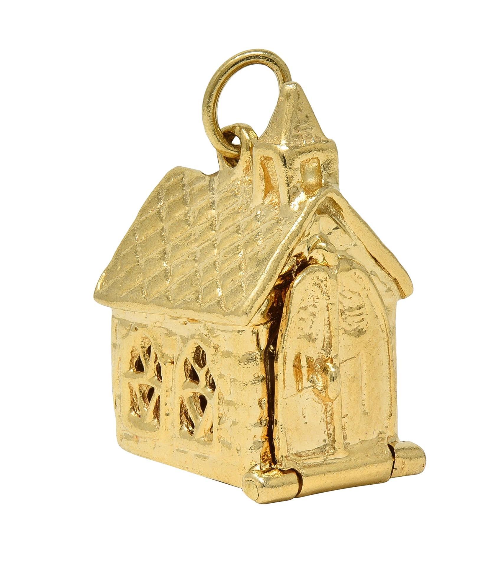 Round Cut 1950's 14 Karat Yellow Gold Vintage Wedding Chapel Pendant Charm For Sale
