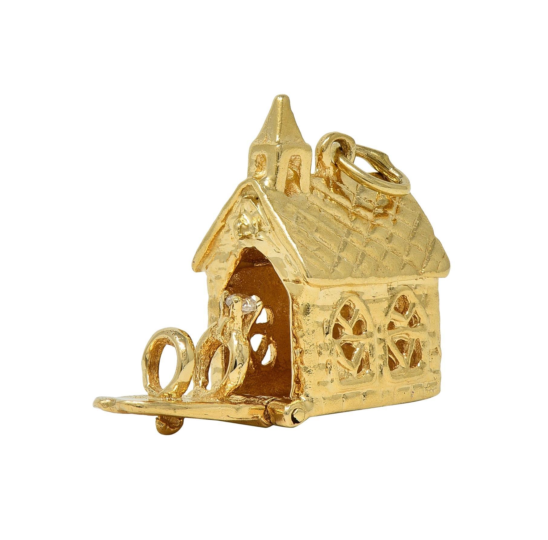 1950's 14 Karat Yellow Gold Vintage Wedding Chapel Pendant Charm For Sale 1