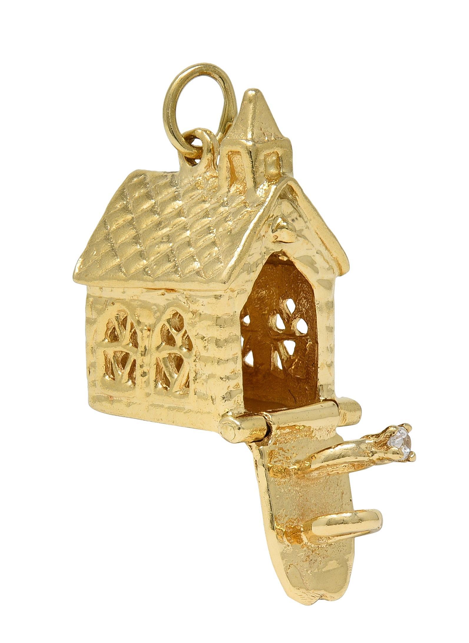 1950's 14 Karat Yellow Gold Vintage Wedding Chapel Pendant Charm For Sale 3