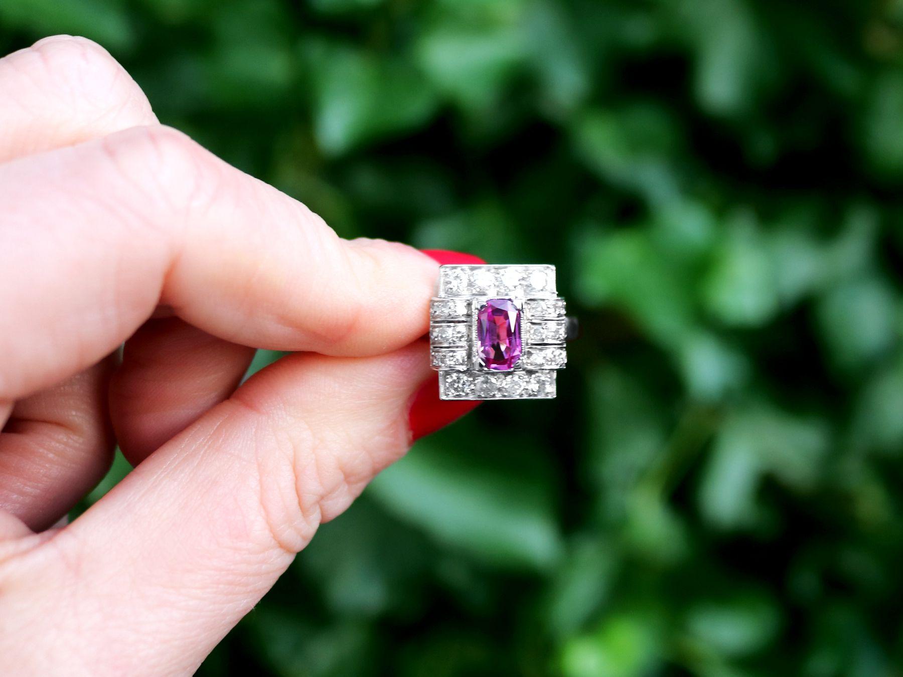 A fine Art Deco 1.45 carat pink sapphire and 0.96 carat diamond, 18 karat white gold and platinum set cluster ring; part of our diverse vintage jewelry collections.

This fine and impressive pink sapphire cocktail ring has been crafted in 18k white