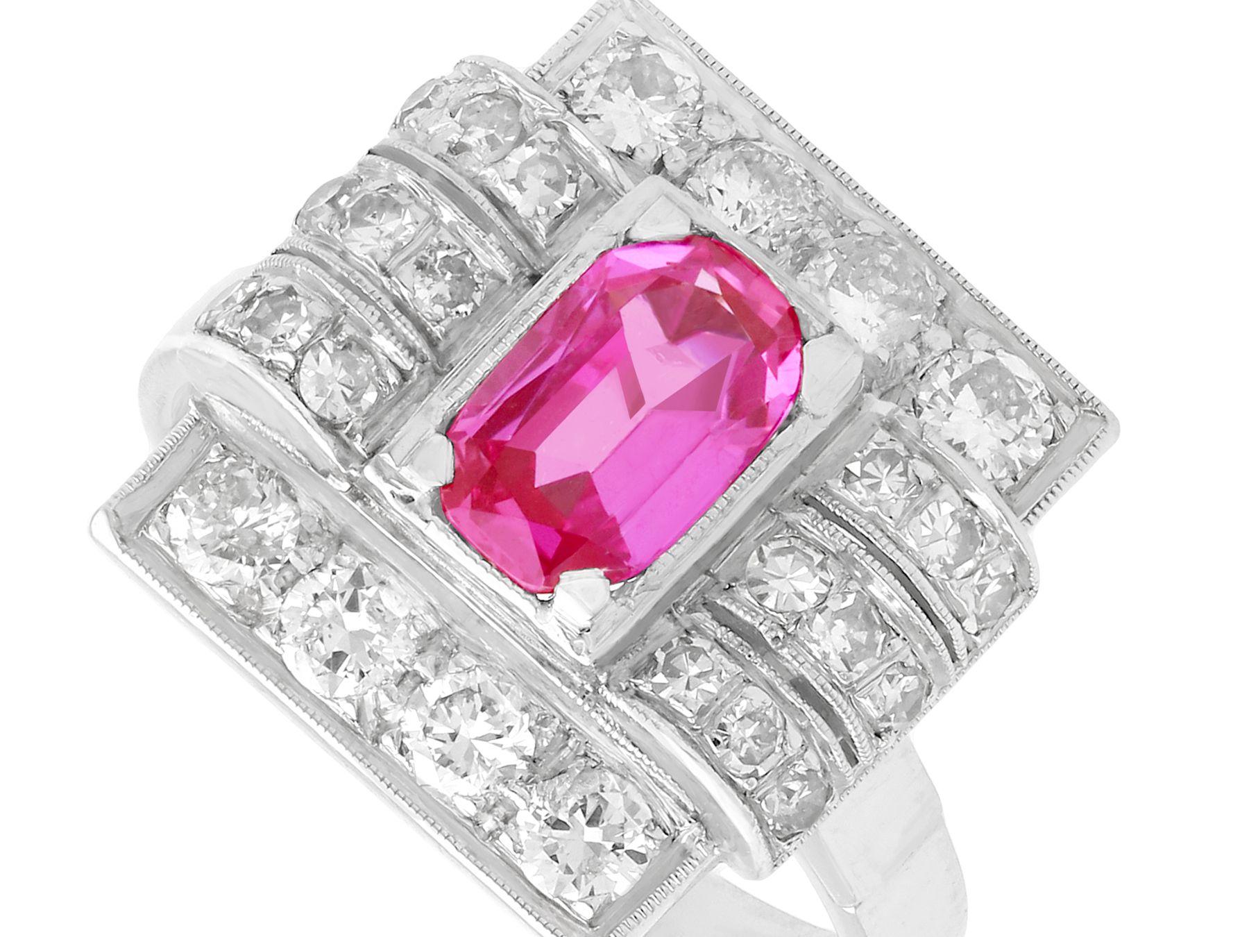Art Deco 1950s 1.45 Carat Pink Sapphire and Diamond White Gold and Platinum Cocktail Ring For Sale