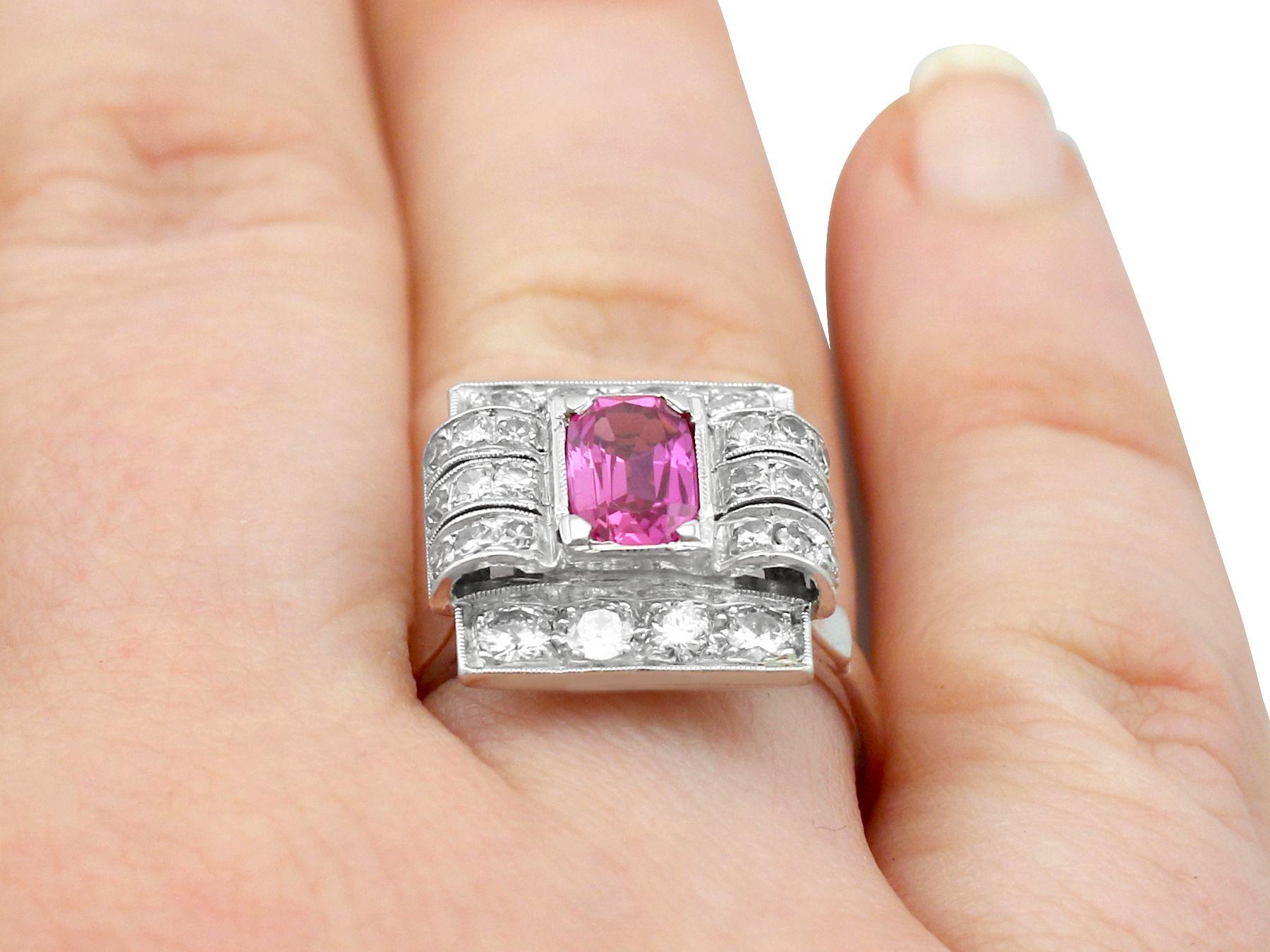 1950s 1.45 Carat Pink Sapphire and Diamond White Gold and Platinum Cocktail Ring For Sale 2