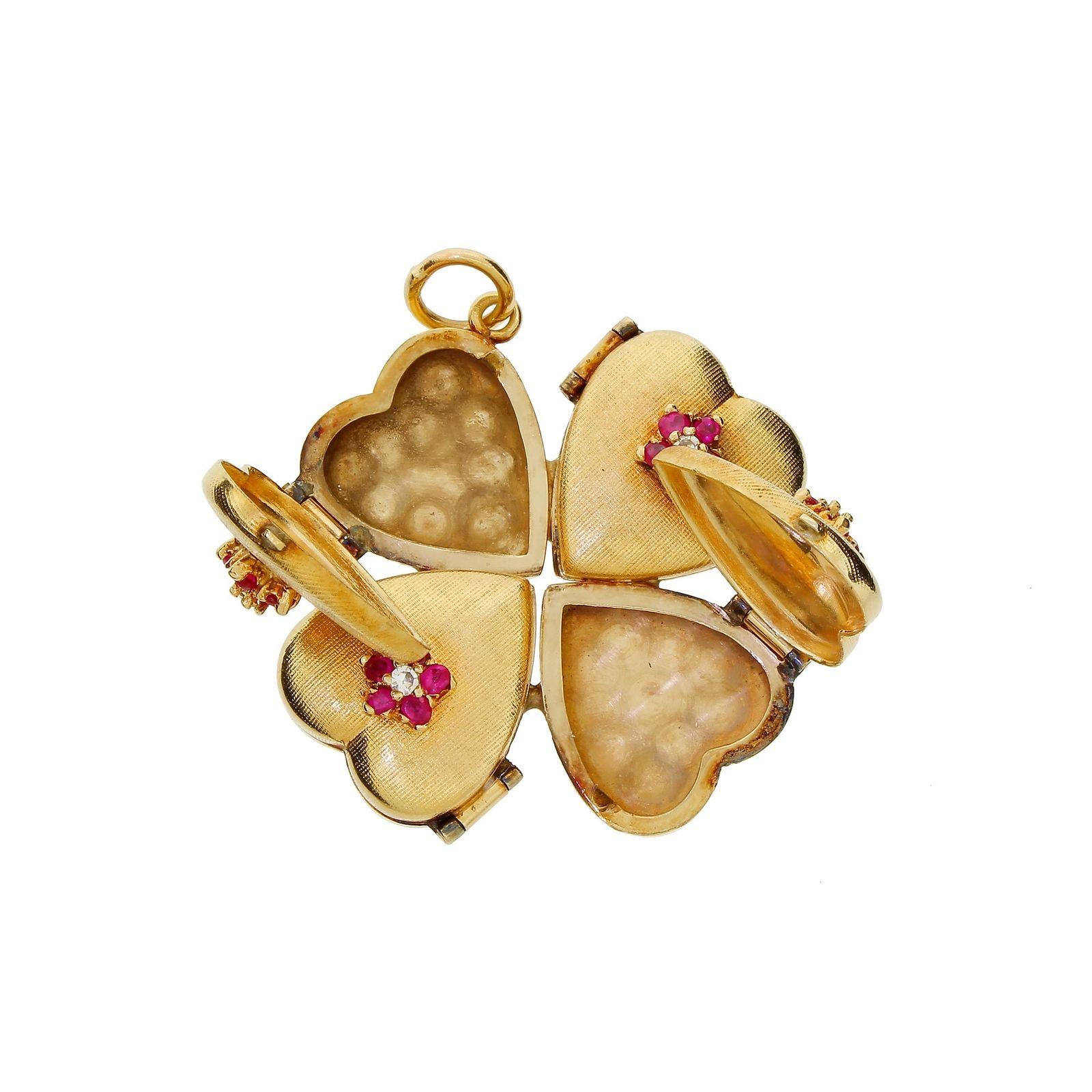 Modern 1950s 14k Gold Ruby Four Leaf Clover Love Heart Photo Locket Pendant Large 18+G