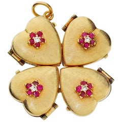 Retro 1950s 14k Gold Ruby Four Leaf Clover Love Heart Photo Locket Pendant Large 18+G