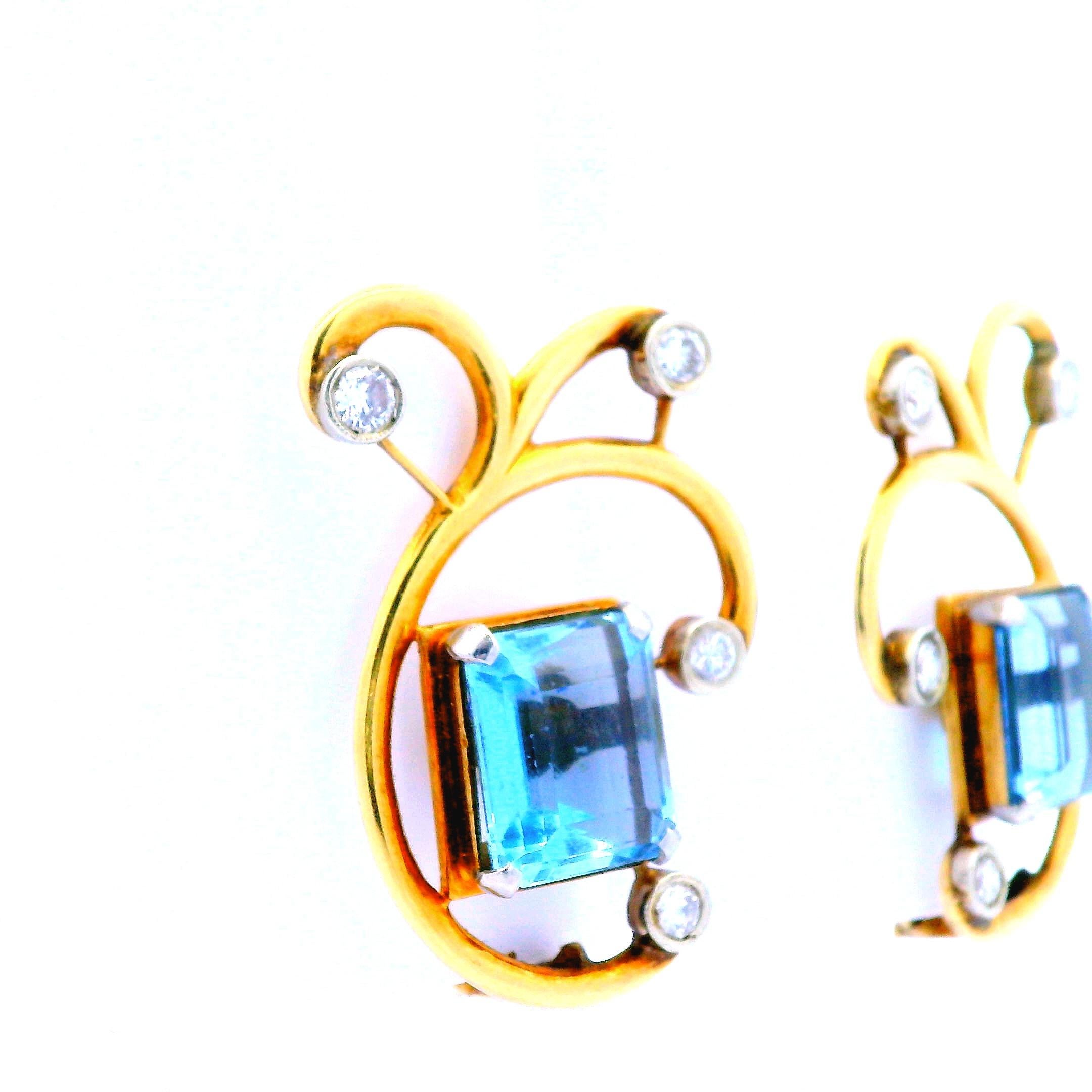 Contemporary 1950s 14K Rose Gold Aquamarine and Diamond Clip Earrings  For Sale