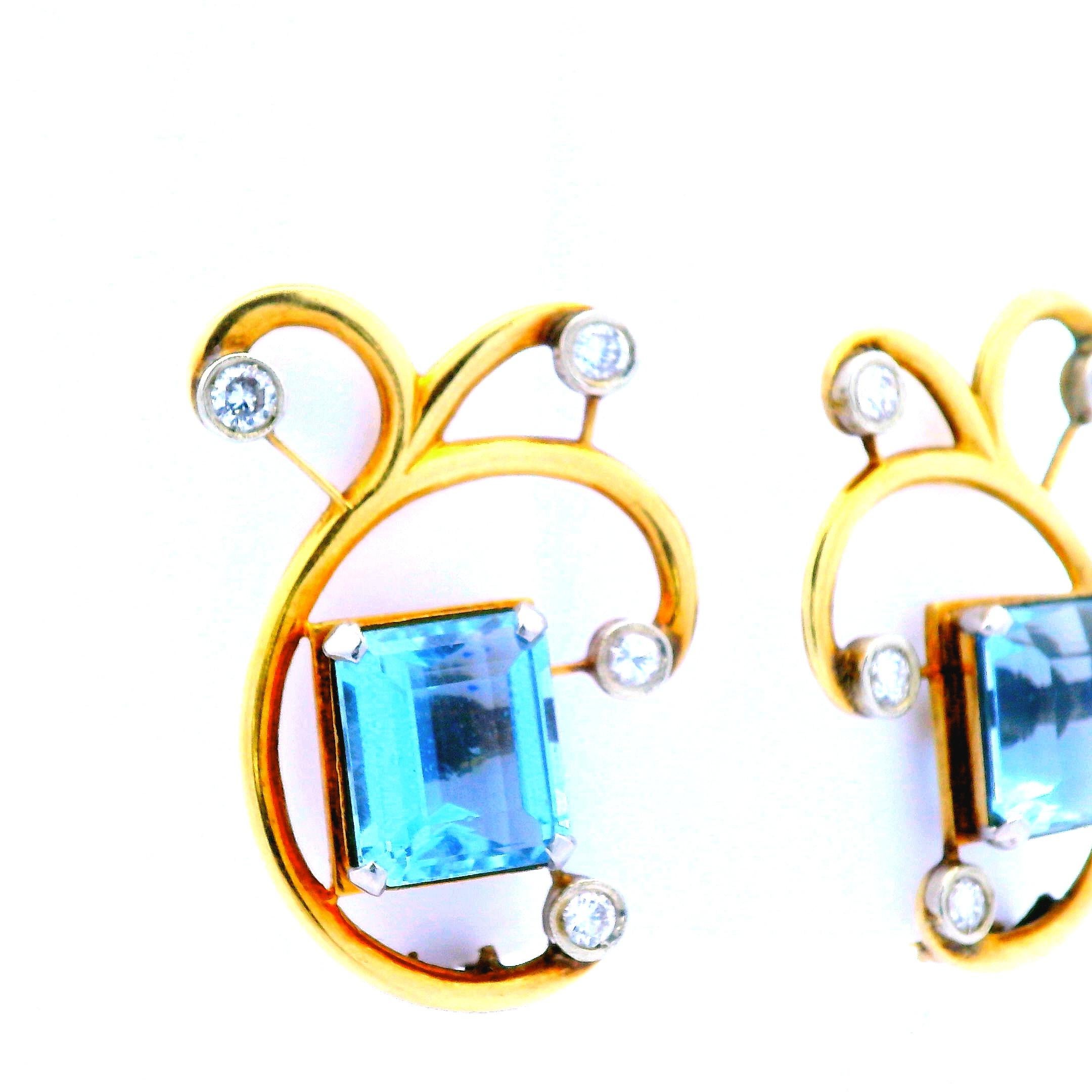 Emerald Cut 1950s 14K Rose Gold Aquamarine and Diamond Clip Earrings  For Sale