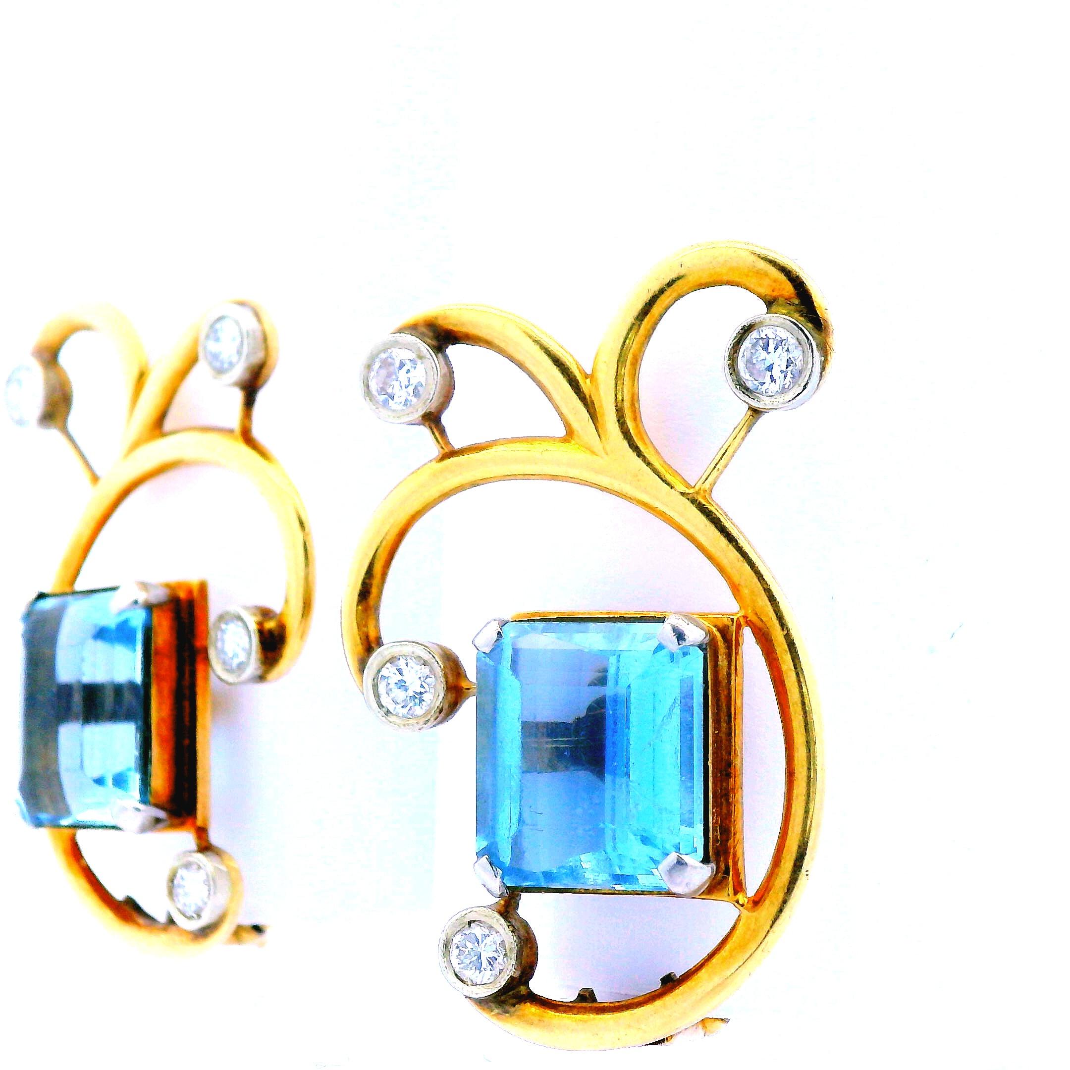 Women's or Men's 1950s 14K Rose Gold Aquamarine and Diamond Clip Earrings  For Sale