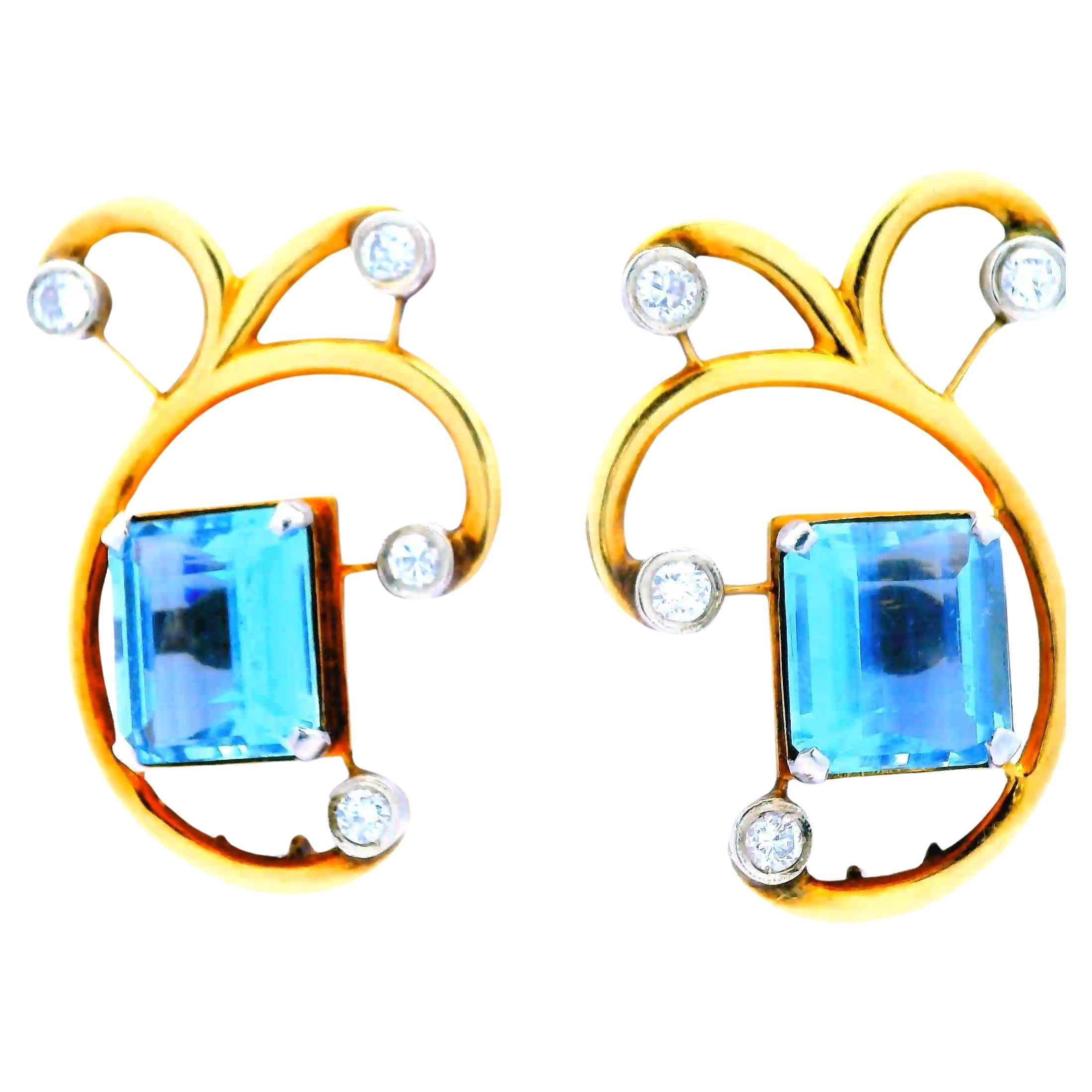 Boucles d'oreilles à pince en or rose 14K aigue-marine et diamant des années 1950 