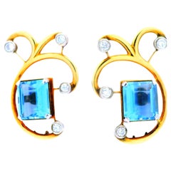 Retro 1950s 14K Rose Gold Aquamarine and Diamond Clip Earrings 
