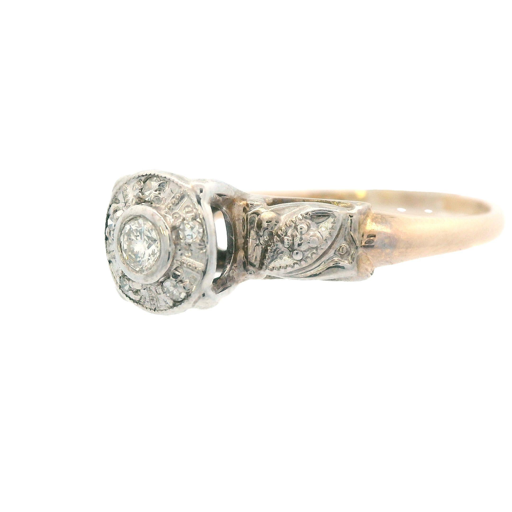 1950's 14k Two-Tone Yellow and White Gold Round Diamond Ring For Sale 1