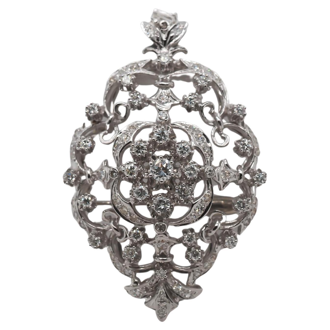 1950s 14K White Gold Ornate Diamond Pendant and Brooch